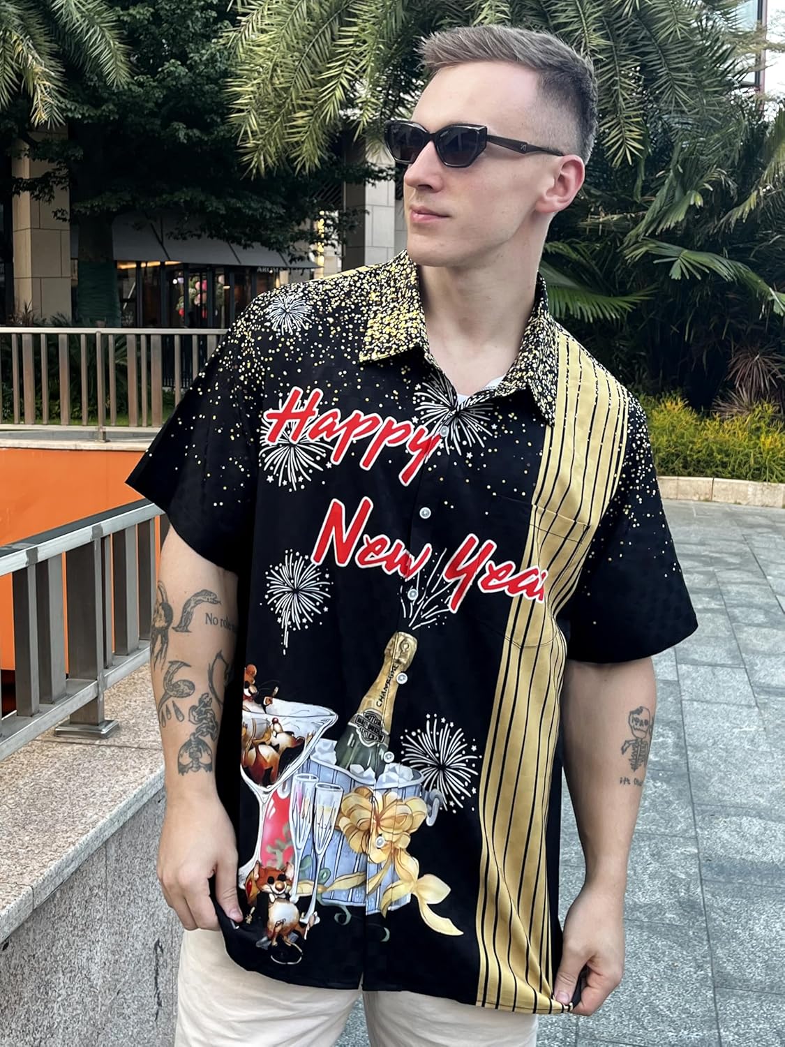 Men's Holiday Hawaiian Shirt, Festivals Button Down Shirt, Funny Hawaiian Short Sleeve Shirt, Graphic Print, Beach Party Wear - Image 3