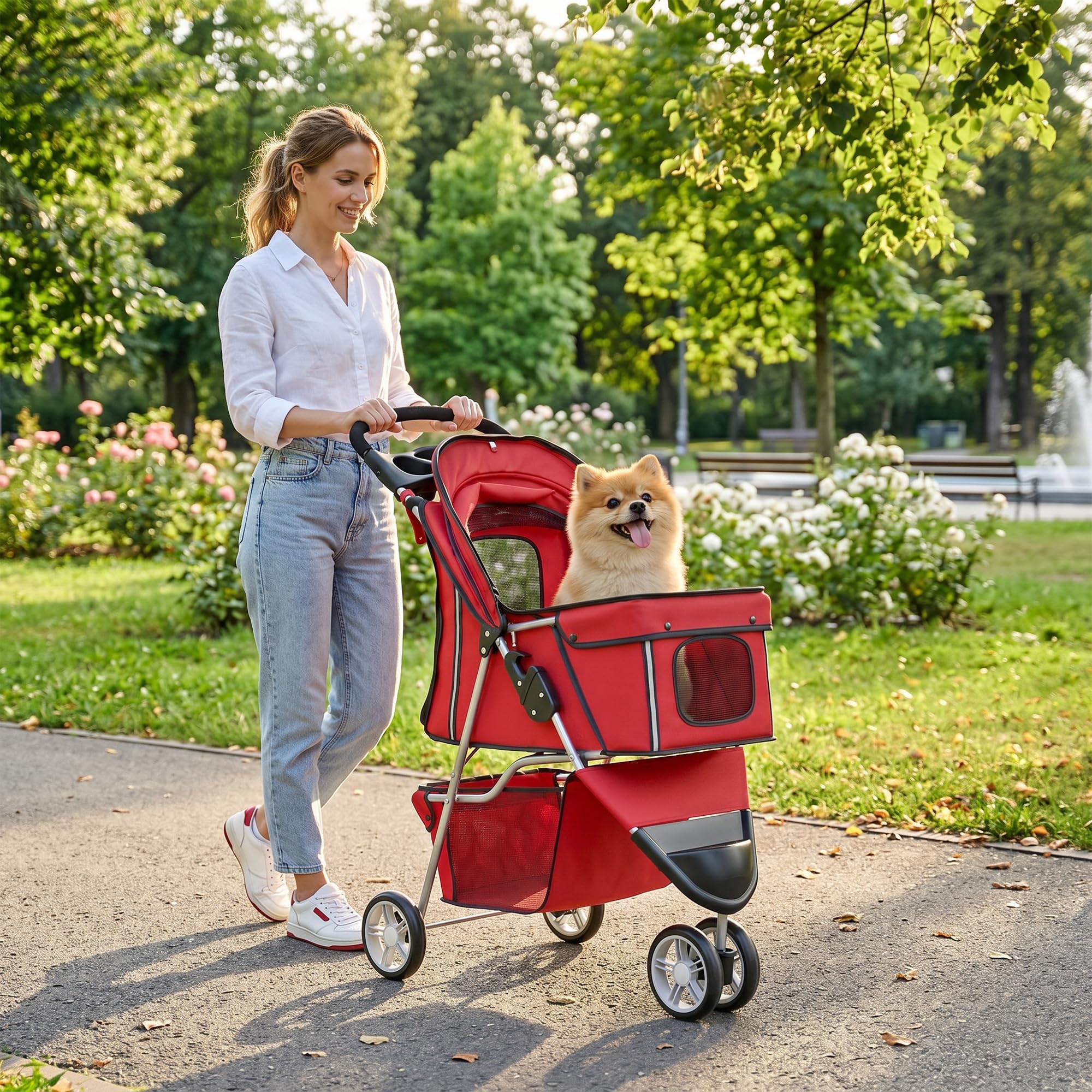 PawHut Poussette Buggy Pliable Animaux Chien Tout Terrain Rouge | Chariot Pliant Chien Chat, Panier de Rangement Inclus, Roues Avec Frein, Tissu 600D Oxford Acier, Porte-Gobelet, 75x45x97cm