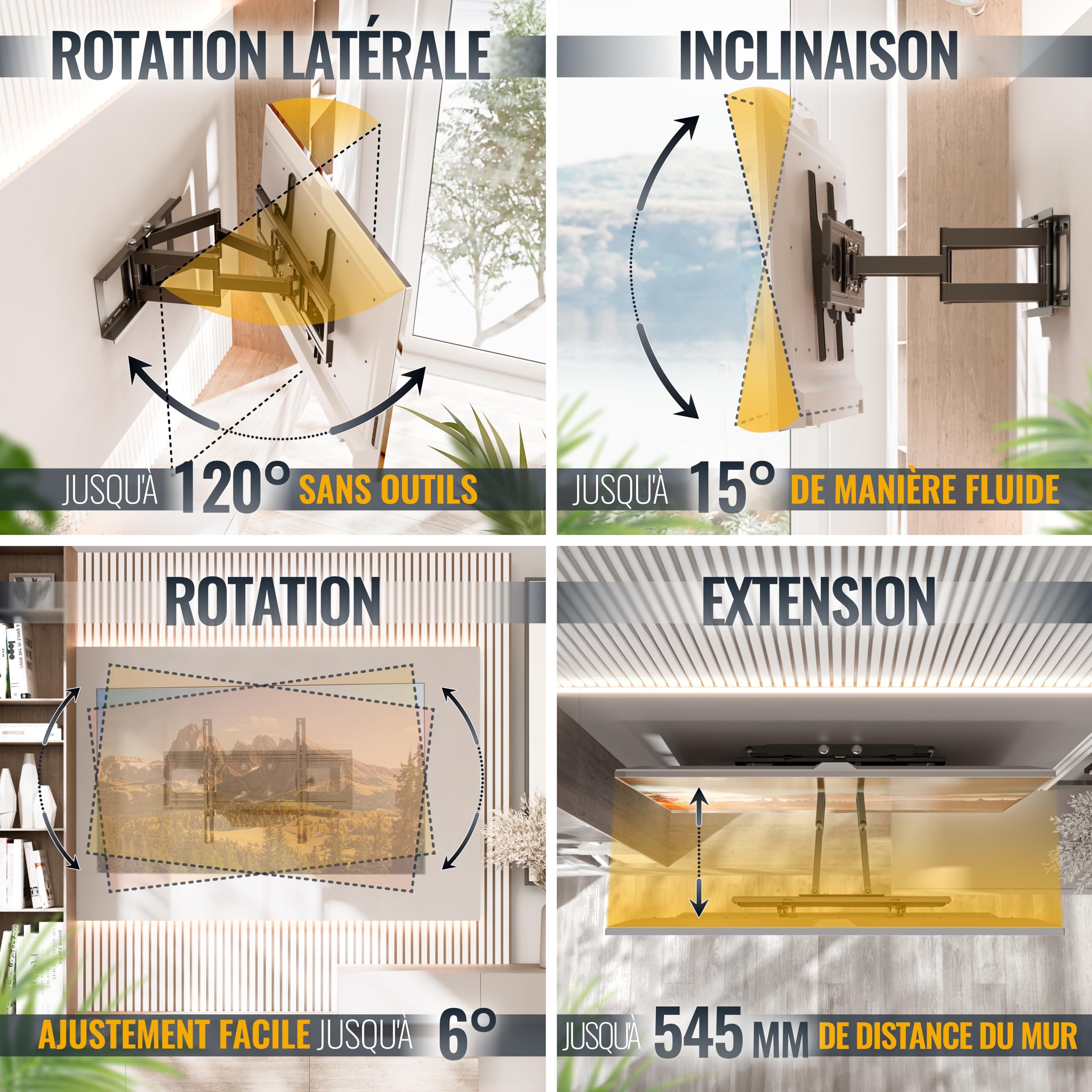 RICOO R06 Support Mural TV 40 42 43 48 50 55 60 65 70 75 83 85 Pouces Orientable et Inclinable Fixation VESA 200x200 400x400 à VESA 600x400 Mural télévision Bras articulé pour télé