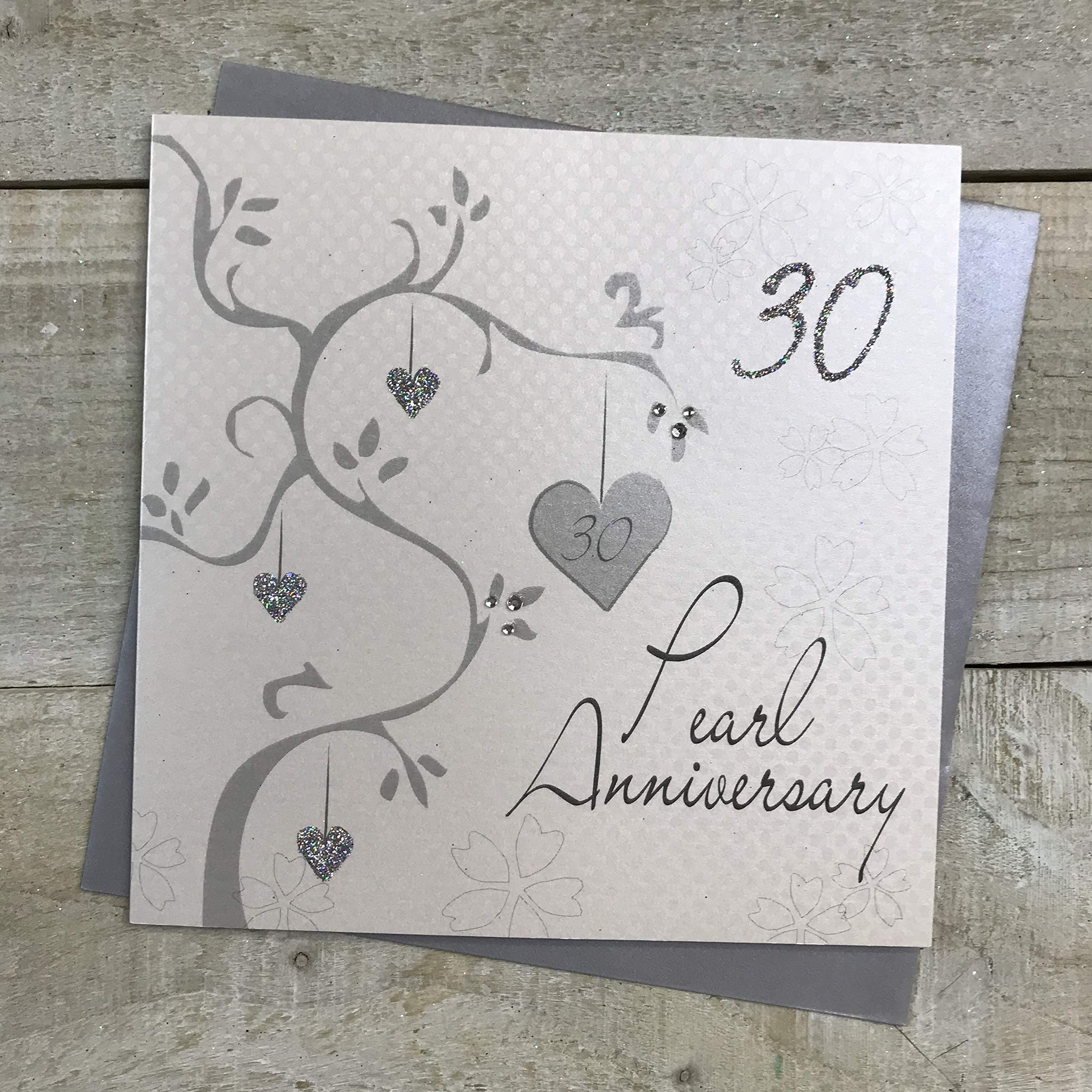 White Cotton Cards Karte „Pearl Anniversary“ – Zum 30. Hochzeitstag, Handgefertigt Mit Strass, 22x22 Cm