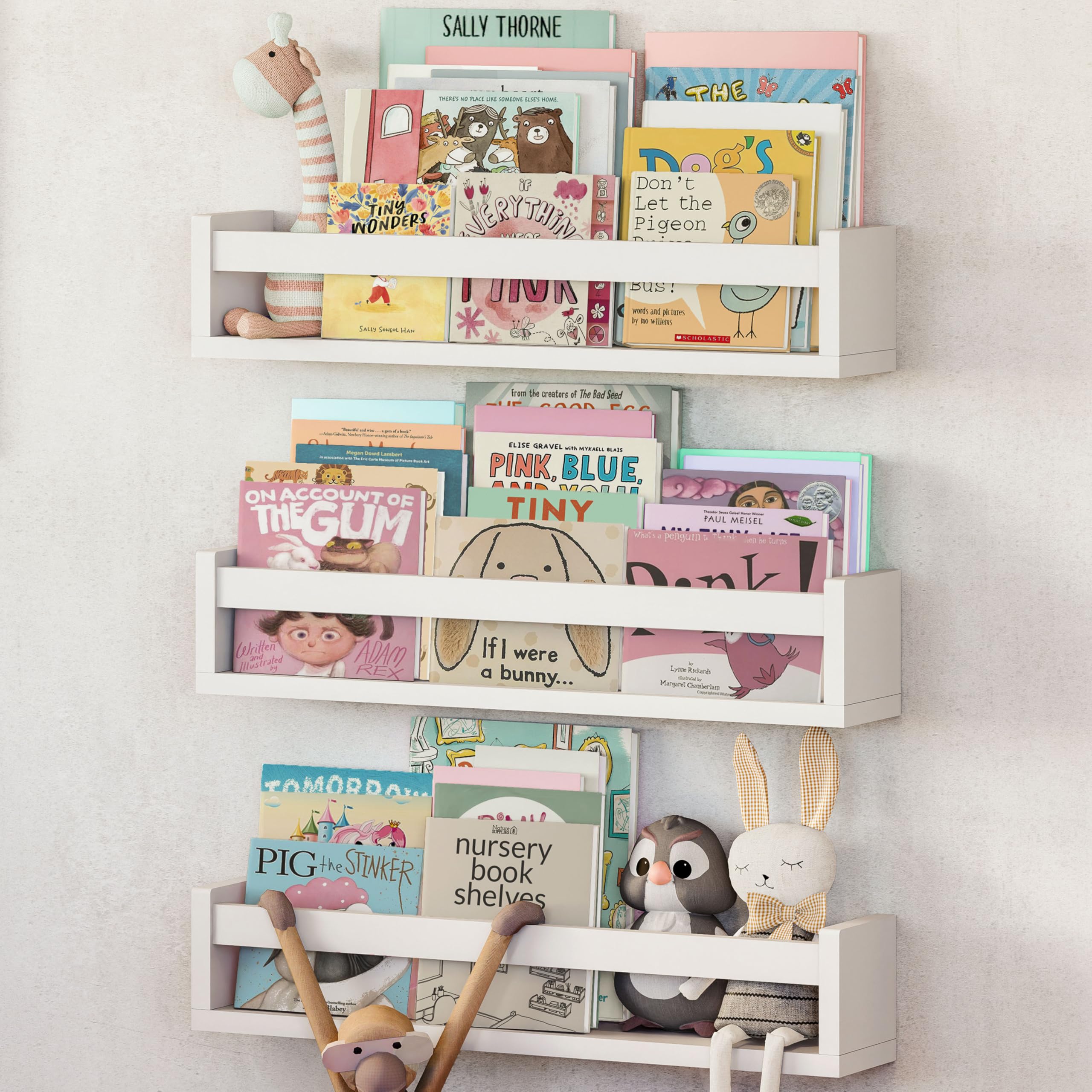 NATURE SUPPLIES Set di 3 mensole bianche per cameretta 58 cm, ideali per libri, giocattoli e decorazioni, libreria galleggiante da parete per cameretta e camera dei bambini