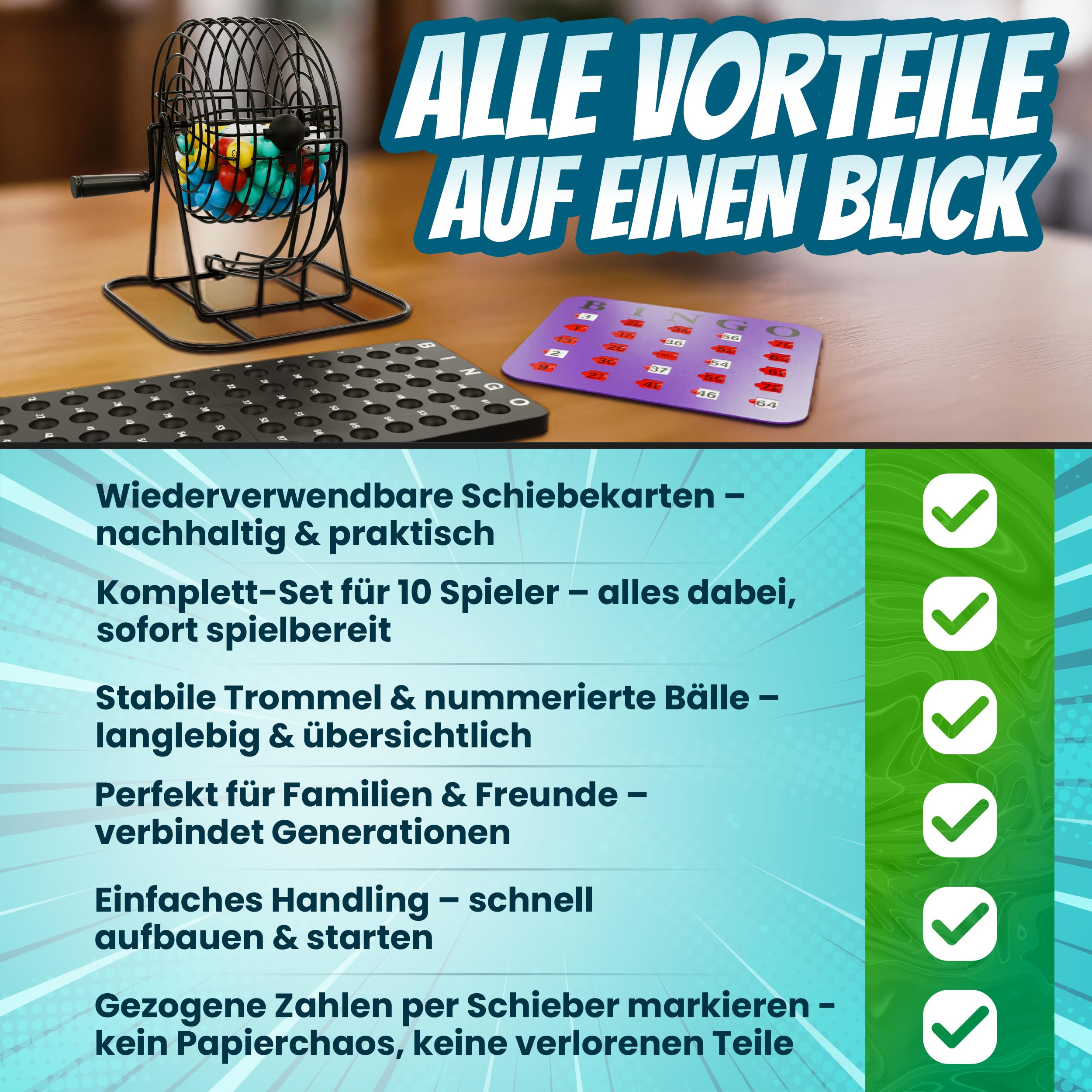 Bingo Spiel – Set mit Metalltrommel, Bingo Karten, Spielbrett & 75 Kugeln – 10 Wiederverwendbare Schiebekarten, Spiele für Senioren, Erwachsene & Kinder ab 6 – Familienspiel, Partyspiel