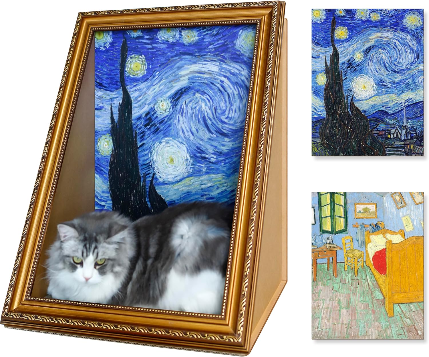 Cat Living in Famous Painting – Double-Sided Oil Painting Cat House with Scratcher Vintage Art Picture Frame Cardboard House Easy-to-Assemble Bed Couch Cave Condo Creative Home Decoration