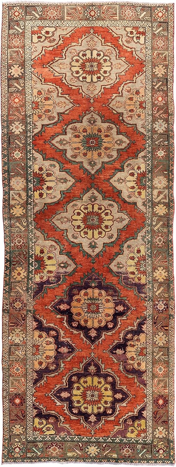 4.5x11.8 Ft Tribal Runner Rug, Handmade Geometric Wool Carpet. G285