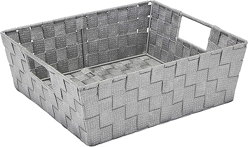 Simplify Cesta tejida a rayas grande de 13 x 15 x 5 pulgadas para almacenamiento con asas, guardería, sala de juegos, juguetes, dormitorio, armario,
