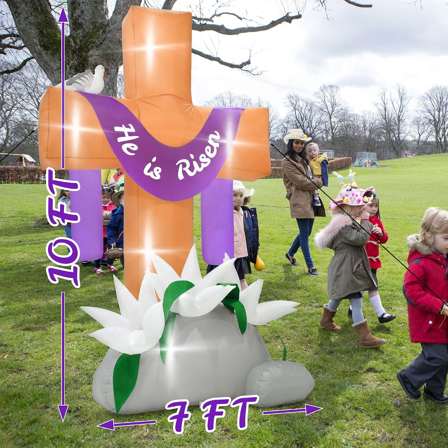 10FT Easter Inflatables Decorations Outdoor, Giant Easter Cross Inflatables, He is Risen Holy Cross Inflatables with Blossy Lilies, Pre-lit Blow Up Easter Yard Decor for Lawn Christian Party