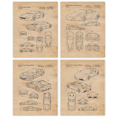 Classic F355 488 F430 F12 Berlinetta Auto Patent Prints, 4 (8x10) Unframed Photos, Wall Art Decor Gift for Home Ferrari Work Office F1 Gear Garage