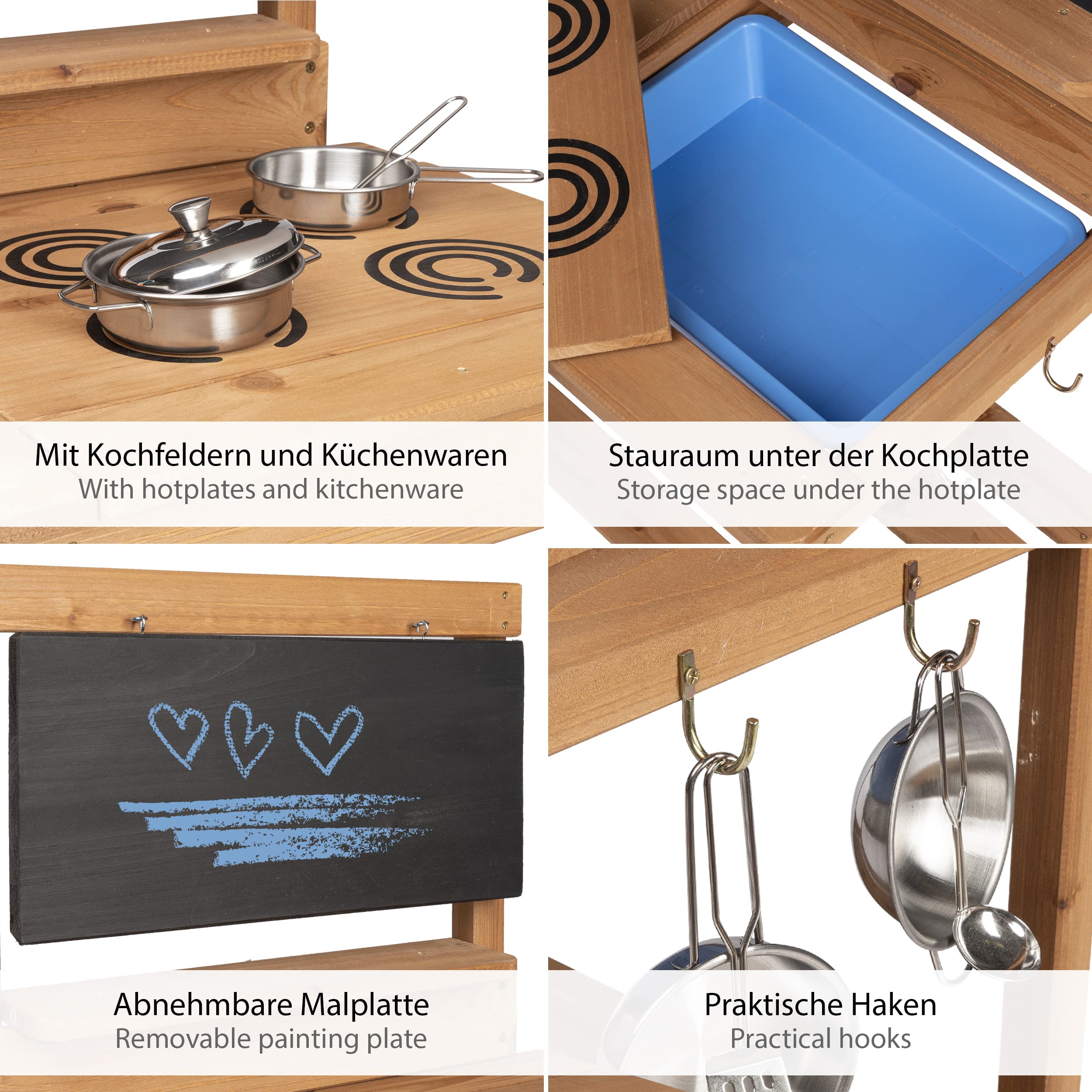 ONVAYA® Matschküche aus Holz | Braun | Outdoor Spielküche mit Waschbecken und schwarzer Tafel | Inklusive Stauraum in der Kinderküche für Draußen