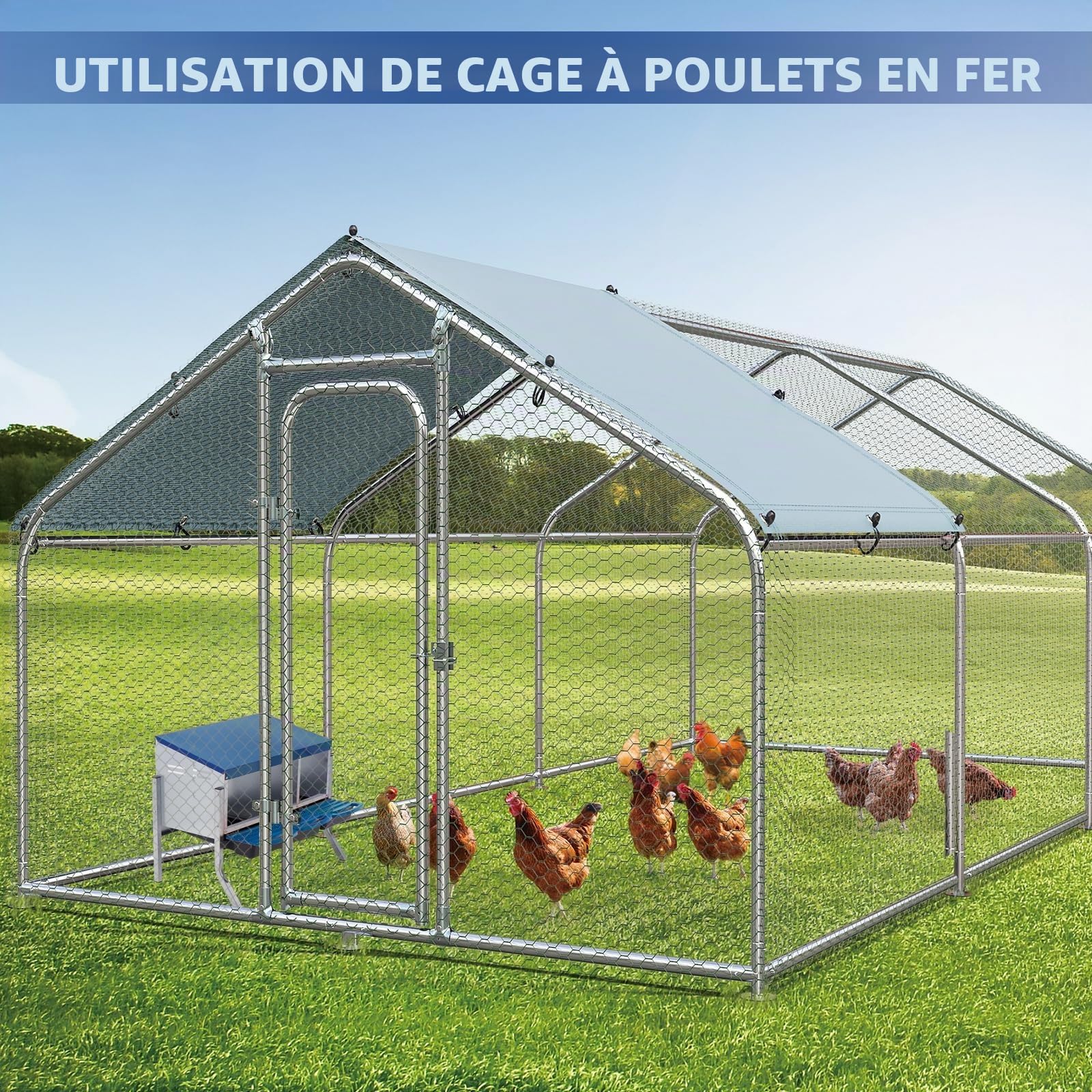 Pondoir pour poules avec pieds 3 compartiments - En métal solide - Avec compartiment à œufs - Nid de poules pour grandes poules - Bleu