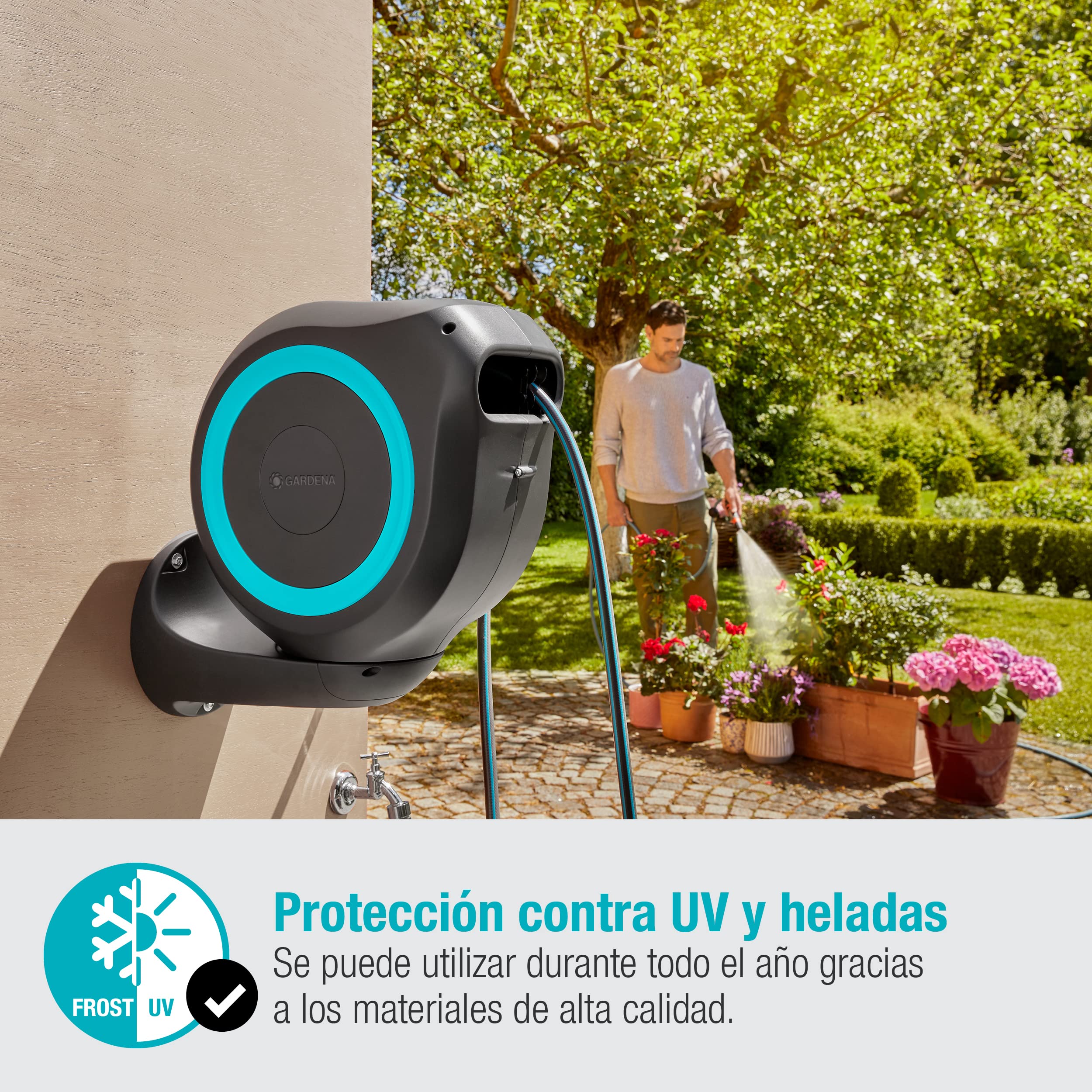 Gardena Carrete de Manguera para Pared Rollup M de 20 M: Riego Flexible Jardines Medianos, Tambor Giratorio, Soporte de Pared, Piezas de Sistema y Aspersor, Incluye Gardena Manguera 20 M (18610-20)