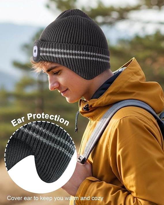 GADIEMKENSD Reflective Stripe LED Beanie, Adjustable Brightness, with Earflaps, Warm, High Elastic, Easy to Wash, Unisex