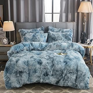 WERDIM Shaggy Fluffy Tie Dye Duvet Cover Set Button Closure Velvety Bedding Set Comforter Cover with Pillowcases Tie Dye Turquoise, Twin Size