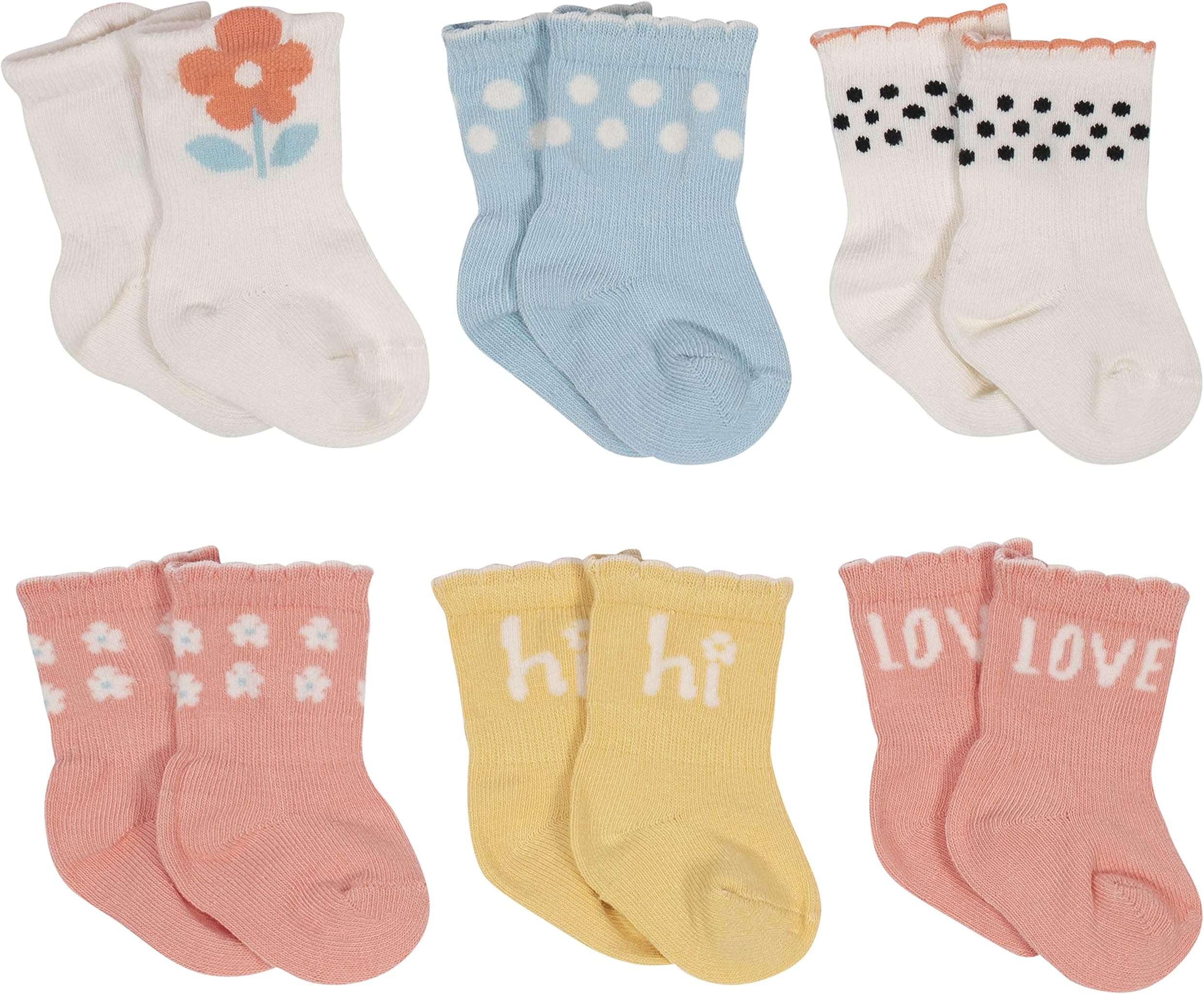 Grow by Gerber Baby Girl's 6-Pack Wiggle Proof Socks Sockshosiery, Ivory/Orange/Yellow/Green, 0-3 Months