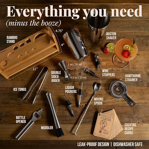 Mixology & Craft Bartender Kit - 13 Piece Set Including Stainless Steel Cocktail Making with Bar Stand & Boston Shaker, Perfect for Drink Mixing at Home, Plus Exclusive Recipe Cards