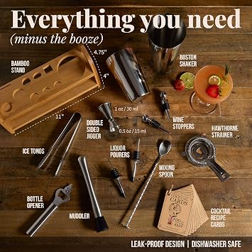 Mixology & Craft Bartender Kit - 13 Piece Set Including Stainless Steel Cocktail Making with Bar Stand & Boston Shaker, Perfect for Drink Mixing at Home, Plus Exclusive Recipe Cards