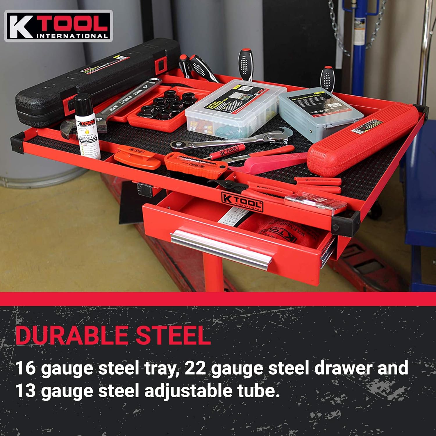 Exсluѕіvе Dіѕсоunt 80% оƒƒеr K Tool International Heavy Duty Tear Down Tray and Work Table with Drawer, Portable and Adjustable, 220 Pound Capacity, Rubber Corners, Red; KTI79700