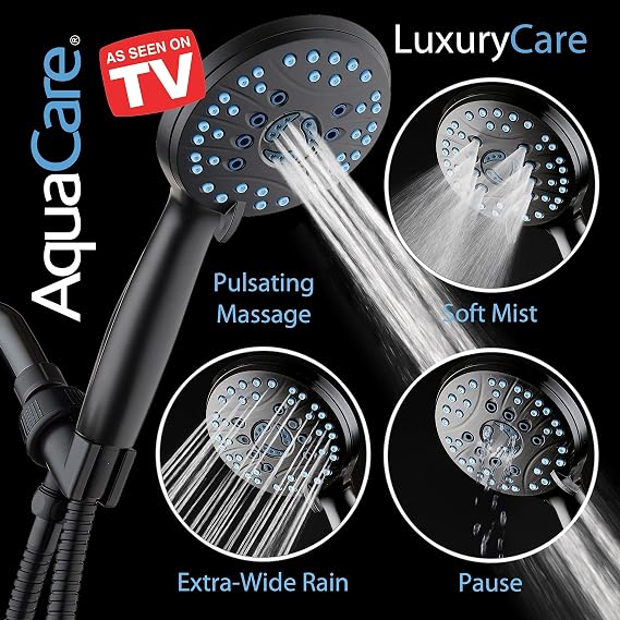 AquaCare As-Seen-On-TV High Pressure 8-setting Handheld Shower Head - Built-in Power Wash to Clean Tub, Tile & Pets, Overhead & Wall Brackets, Pure-Clean Nozzles, Extra-long 6 ft. Stainless Steel Hose