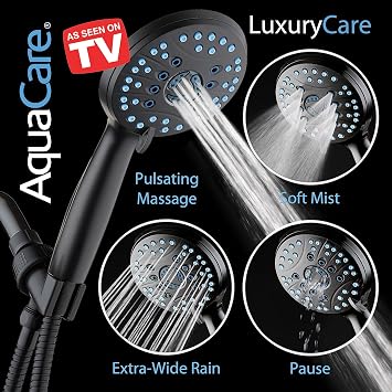 AquaCare As-Seen-On-TV High Pressure 8-setting Handheld Shower Head - Built-in Power Wash to Clean Tub, Tile & Pets, Overhead & Wall Brackets, Pure-Clean Nozzles, Extra-long 6 ft. Stainless Steel Hose