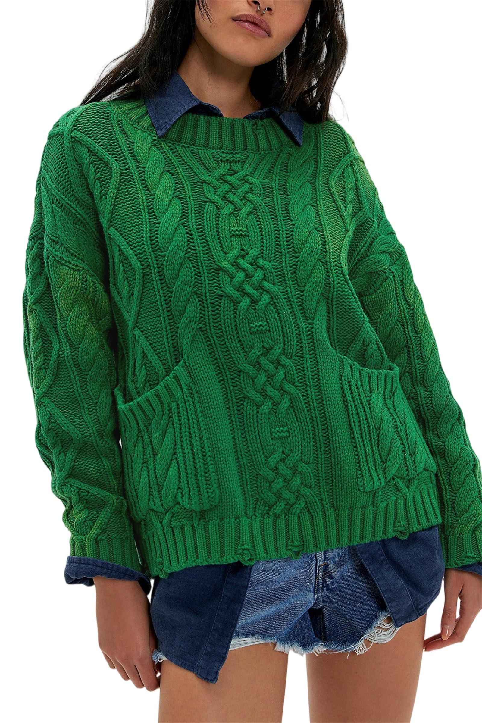 Maglione da donna oversize a maglia grossa con motivo a treccia, scollo