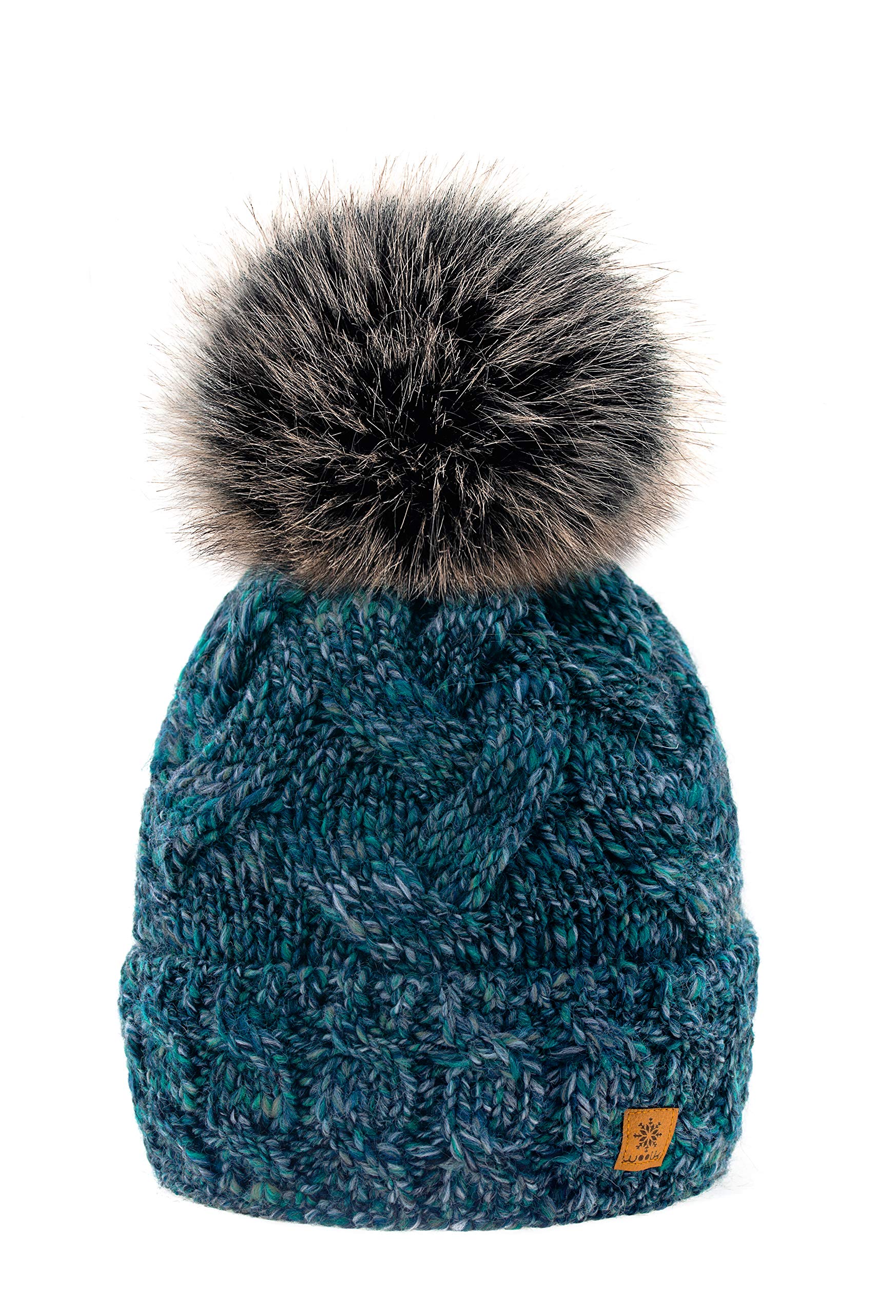 Mfaz Morefaz Ltd Women's Gaja Green Stone Winter Hat Alpaca Wool Beanie Hat Worm Knitted Hats Fleece Lining Pom Pom (Gaja Green Stone)