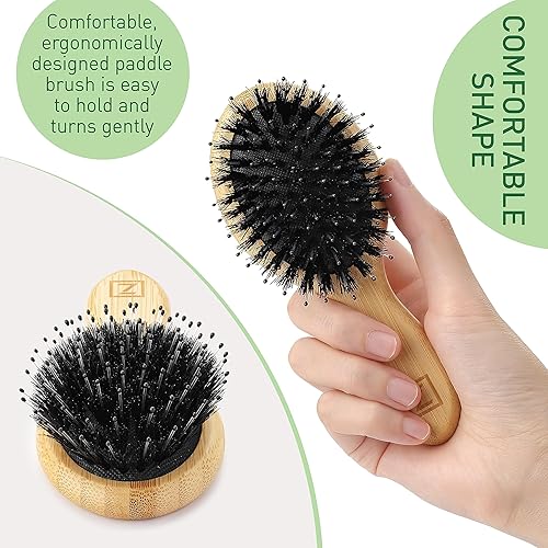 Miniatura 5 de Cepillo de pelo de cerdas de jabalí natural, tamaño mini, portátil, fácil de transportar para mujeres, hombres y niños cepillo para desenredar seco