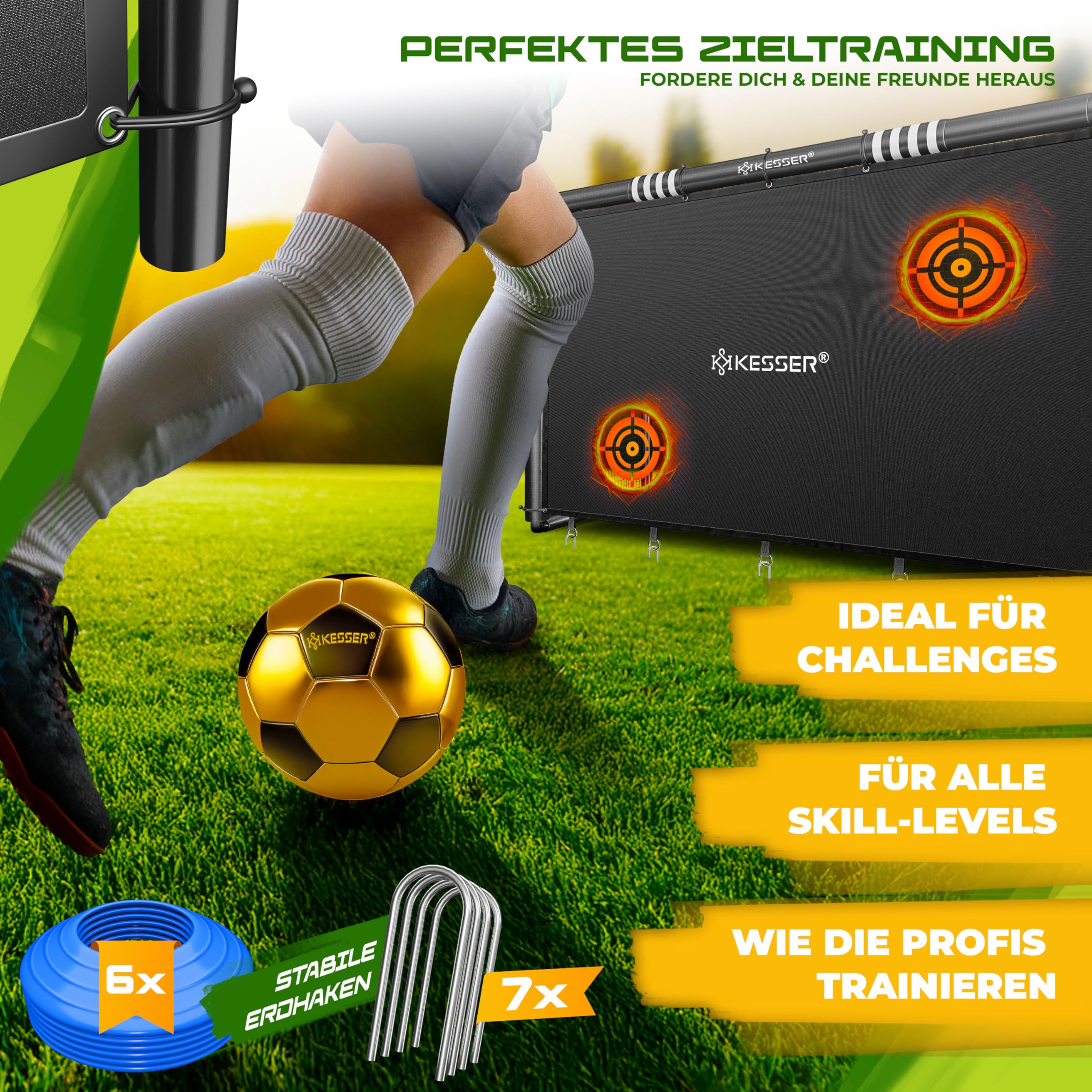 KESSER® Cache de Foot But de Football de Qualité Supérieure de 240 cm avec Mur de But, Filet d'Entraînement de Tir, Filet Résistant aux UV, Cadre en Acier avec Rembourrage, Crochet de Terre, Pompe