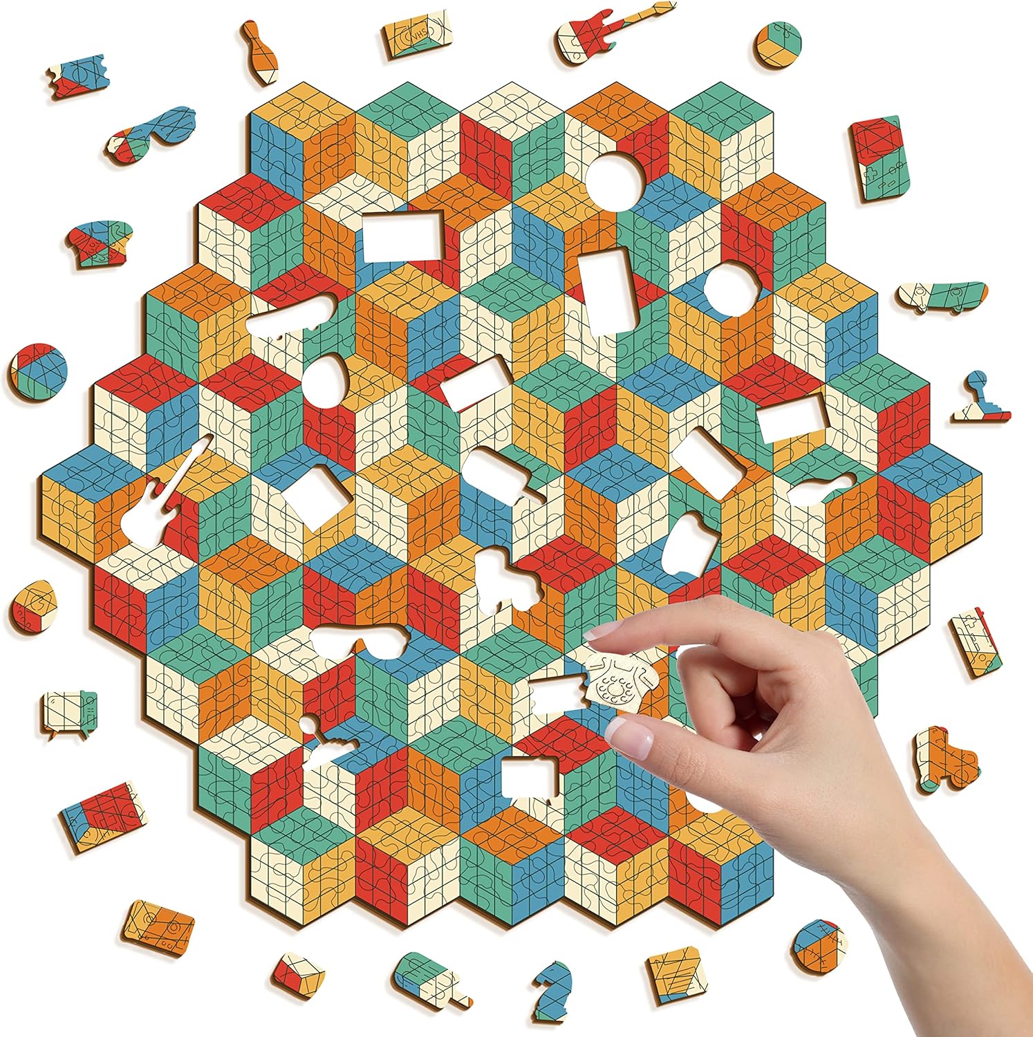 Cubes Wooden Jigsaw Puzzle - Retro Style Fun Challenge Game for Adults 15.3' x 13.7' - 279 Pieces Unique Shape by GEMTURT PUZZLE