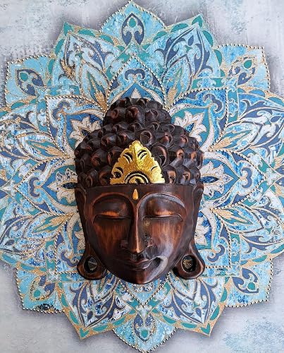 Miniatura 7 de Máscara de Buda de madera natural con toque dorado, exquisita artesanía de Bali para serenidad y elegancia, decoración de pared