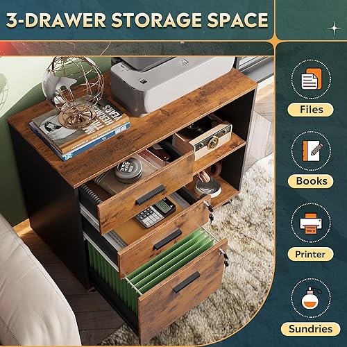 Miniatura 12 de DEVAISE Archivador de madera de 3 cajones con cerradura, archivador lateral móvil, soporte de impresora con estantes de almacenamiento abiertos