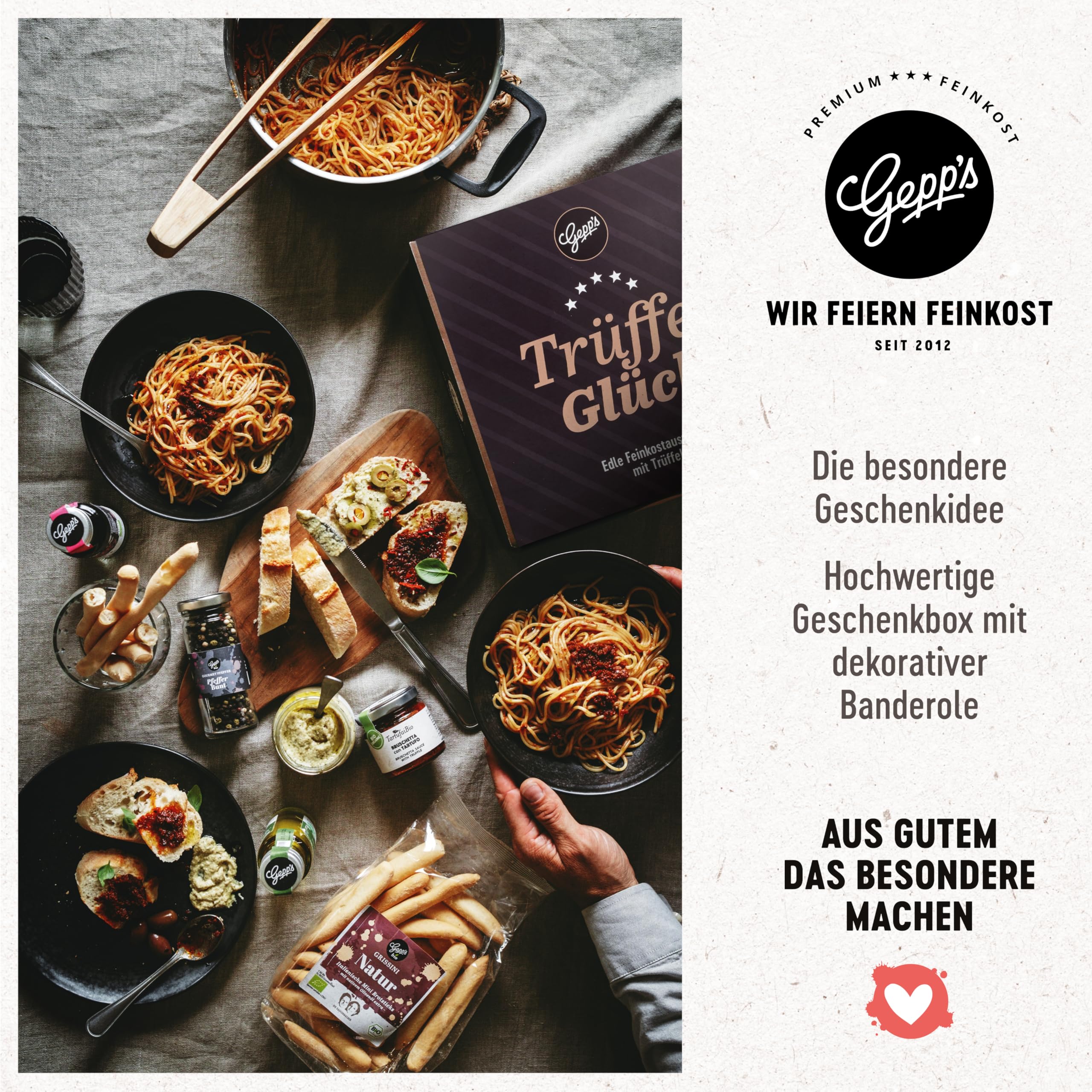 Gepp’s Feinkost Trüffelglück Geschenkbox mit Sommertrüffel Bruschetta, Trüffelpesto, weißem Trüffelöl, Single Tartufo Nero, Weißer Trüffel Sauce & Pasta