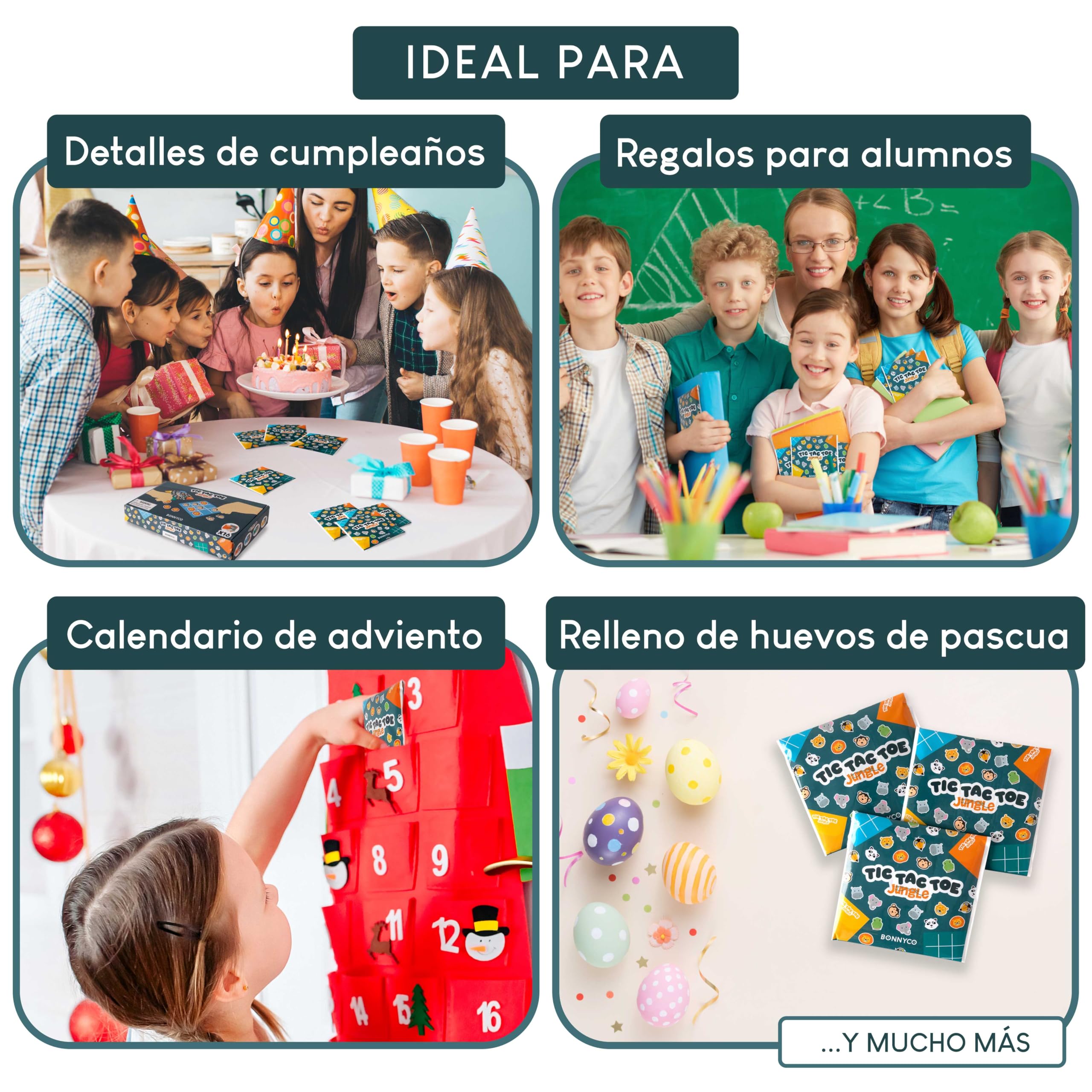 BONNYCO Tres en Raya Niños de Animales, Pack 16 Regalos Cumpleaños Niños Colegio. Detalles Cumpleaños Infantil, Relleno Piñata Regalitos Invitados. Regalos Alumnos Primaria, Mini Juegos 3 en Raya