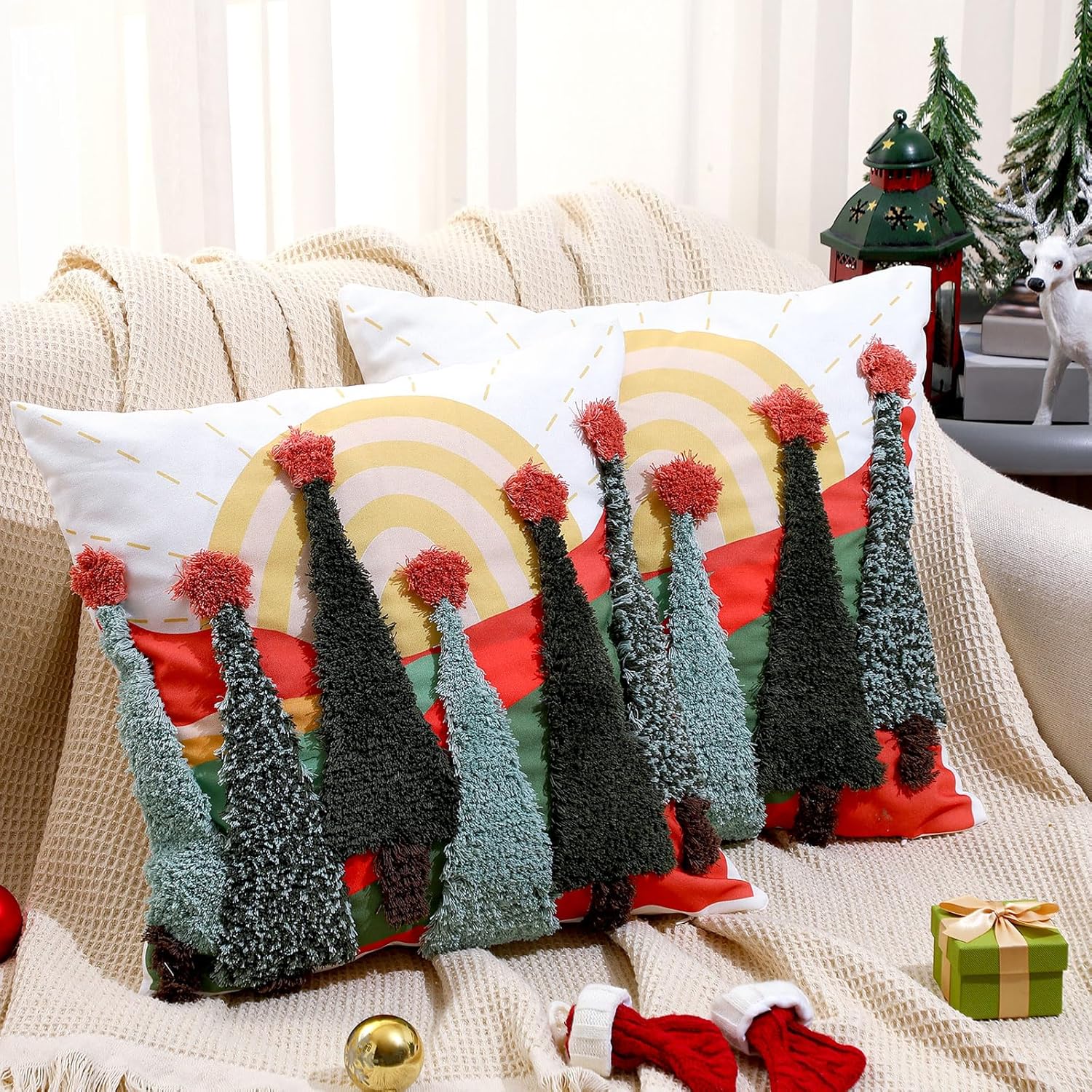 HunnmingRe Set of 2 Embroidered Christmas Pillow Covers 18x18 Inch Boho Christmas Tree Pillow Cover Farmhouse Xmas Pillowcases Decorations for Sofa Couch Bedroom Home Living Room Decor