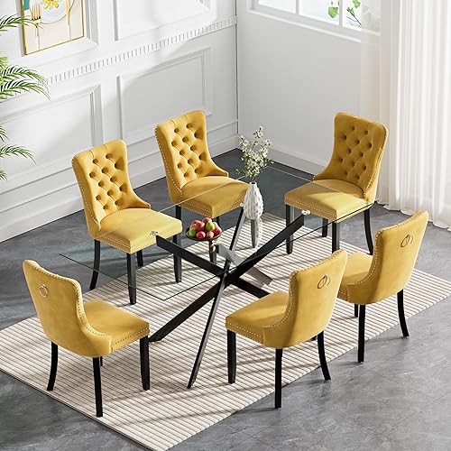 Miniatura 104 de Juego de mesa de comedor de cristal dorado moderno de 51 pulgadas para 4, juego de mesa de comedor rectangular de 5 piezas con patas cruzadas