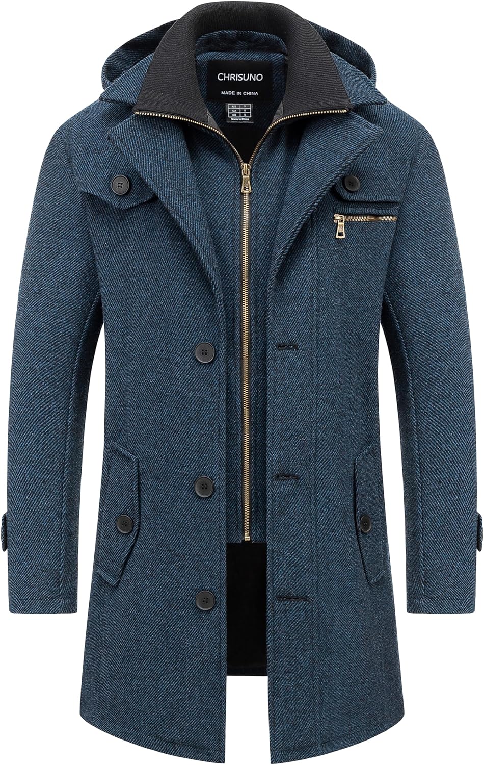 Chrisuno Men's Classic Long Pea Coat Warm Wool Blend Winter Trench Coat Single Breasted Overcoat with Detachable Collar