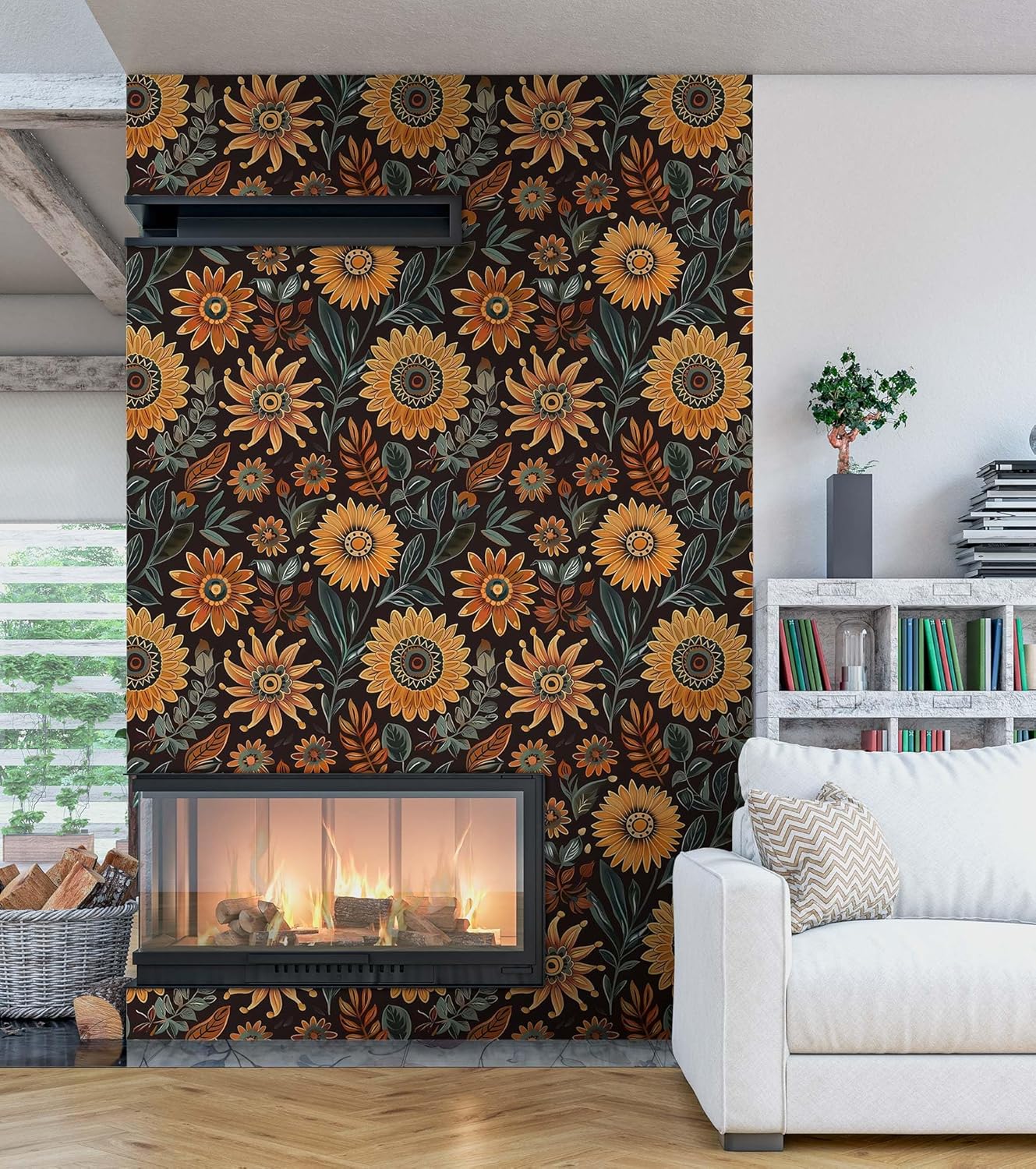 Boho Floral Wallpaper Peel and Stick, Sunflower Wallpaper for Home Decor, 17.7in x 118in