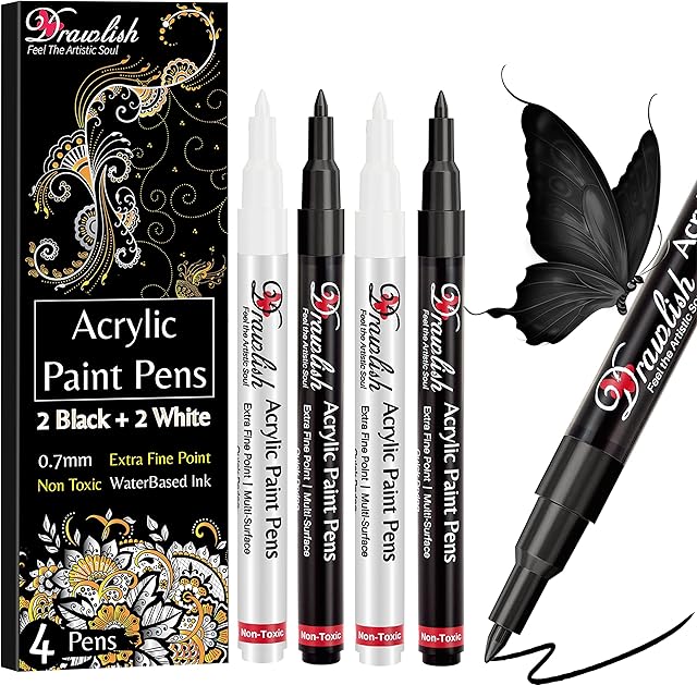 Acrylic Paint Pens, Black & White Pen Set of 4 Glass Paint Markers 0.7mm Extra Fine Tip | Ideal for Wood, Fabric, Porcelain, Ceramic, Stone, Rock Painting and more