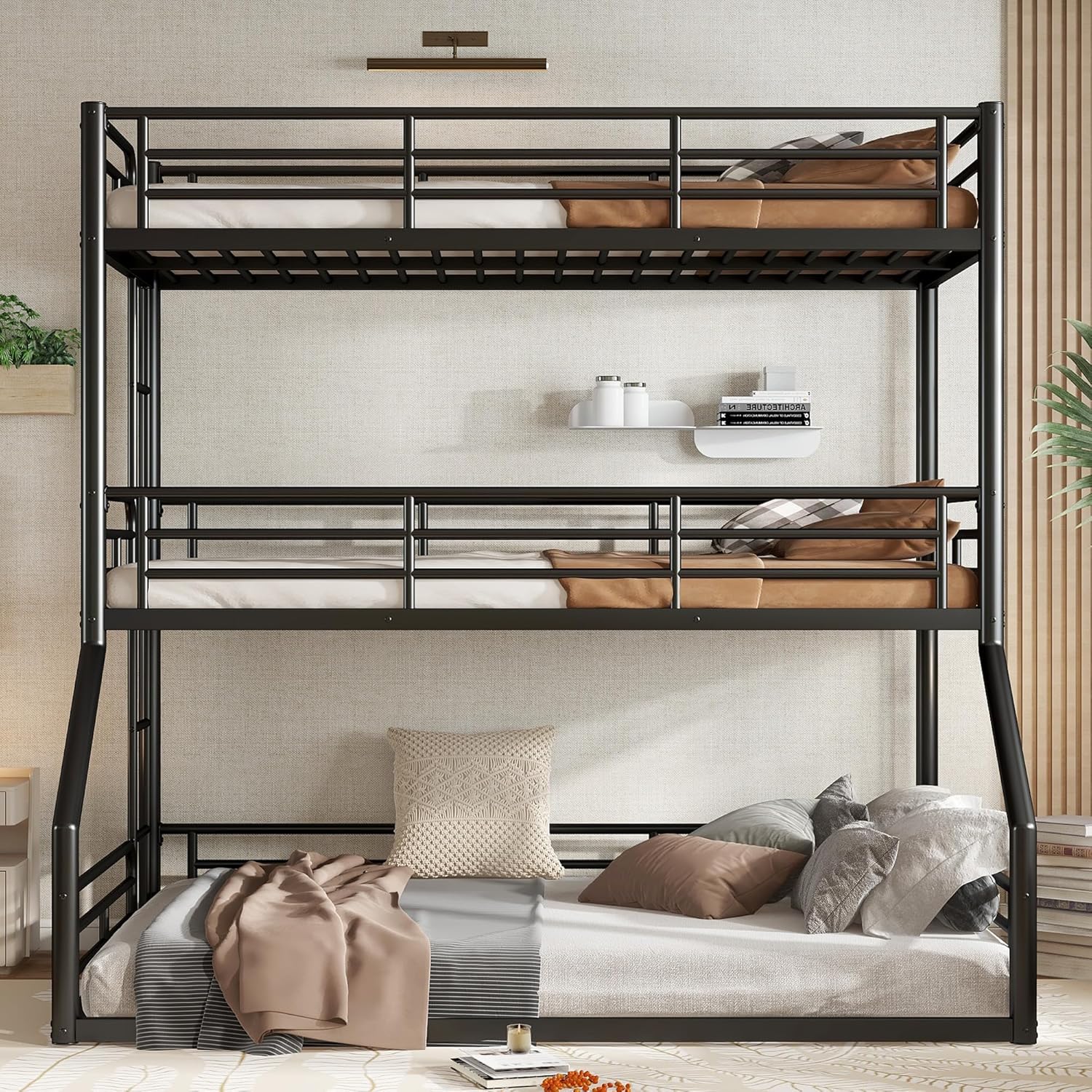 LUMISOL 3 Bunk Bed Twin Over Full Metal Triple Bunk Beds with Ladders and Full-Length Guardrail, Floor Triple Bunk Bed for Teens, Noise Free, Black