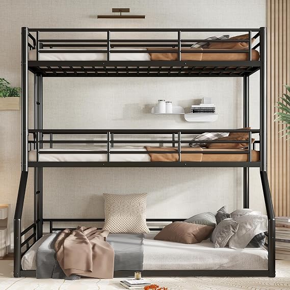 Bellemave Metal Triple Bunk Bed with Full-Length Guardrails, Twin Over Twin Over Full Bunk Bed for 3, Noise-Reduced & Multifunctional, Metal Black