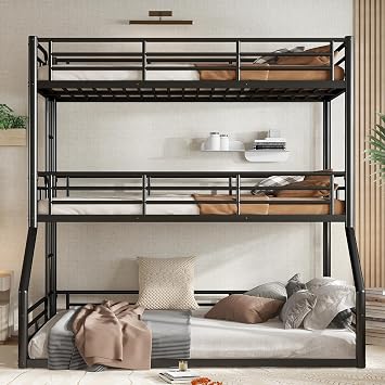 Bellemave Metal Triple Bunk Bed with Full-Length Guardrails, Twin Over Twin Over Full Bunk Bed for 3, Noise-Reduced & Multifunctional, Metal Black