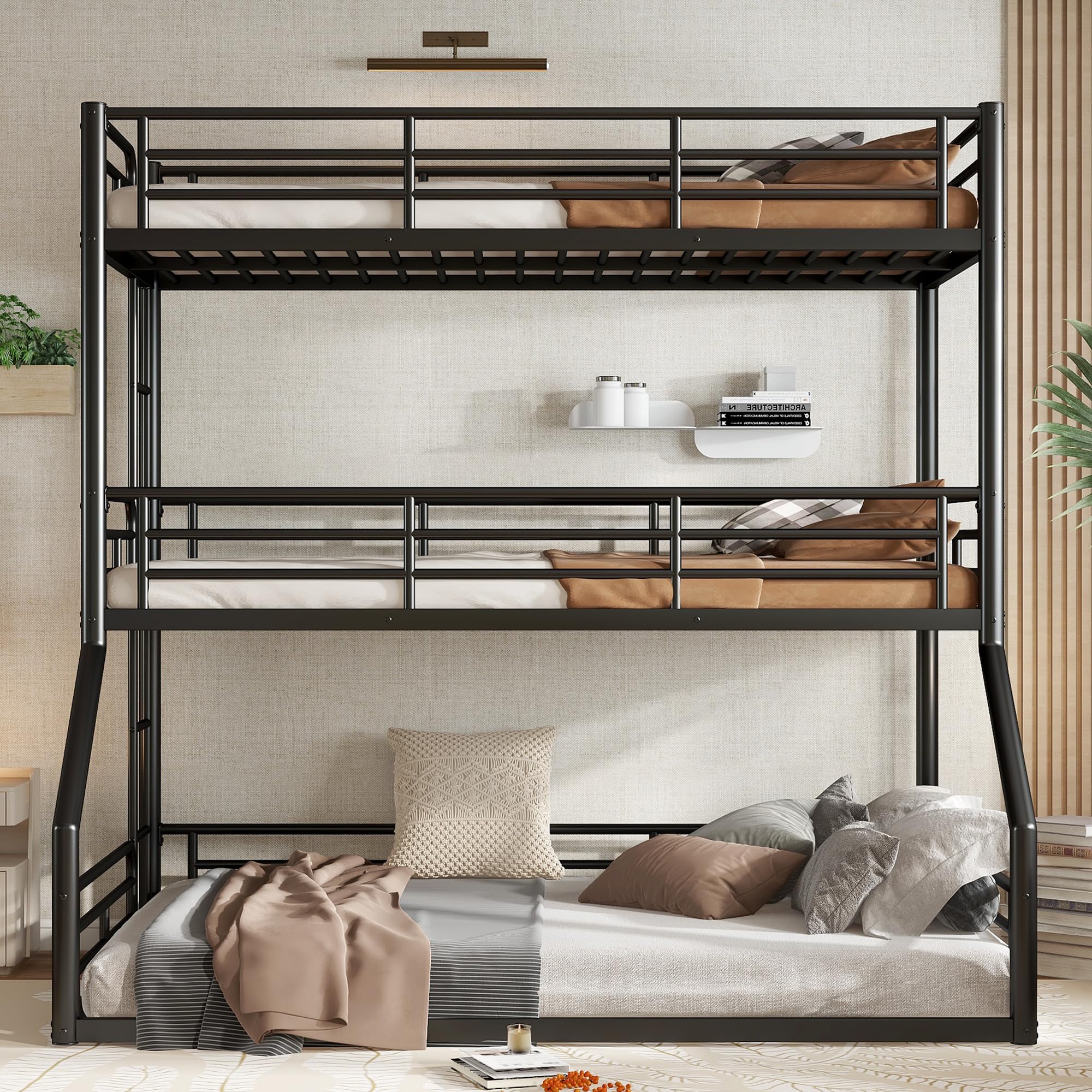 Metal Triple Bunk Bed for 3, Twin over Twin over Full Floor Triple Bunk Bed with Guardrail & Ladder, Noise-reduced Design, Modern Heavy Duty Tripe