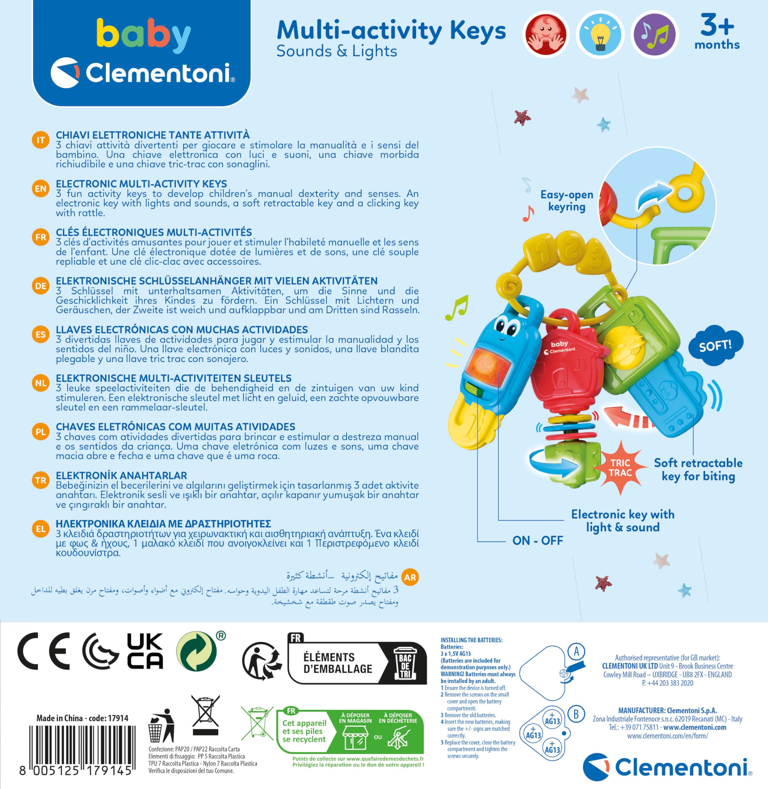 Clementoni - 3 Chiavi Giocattolo Interattive, Multi-Activity Keys, Gioco Musicale Elettronico per la Prima Infanzia con Luci e Suoni, Bambini 3-36 Mesi, Batterie Incluse, 17914