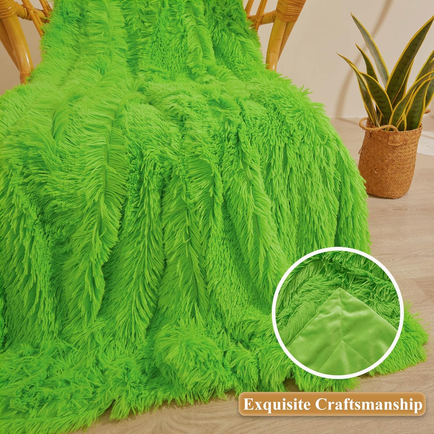 XeGe Luxury Faux Fur Throw, Green Soft 50x60 Fluffy Blanket, Shaggy Plush Decorative Couch Throw, Cute Furry Fuzzy Bed Office Lap Blanket for Bedroom Living Room, Lime Green - Image 4