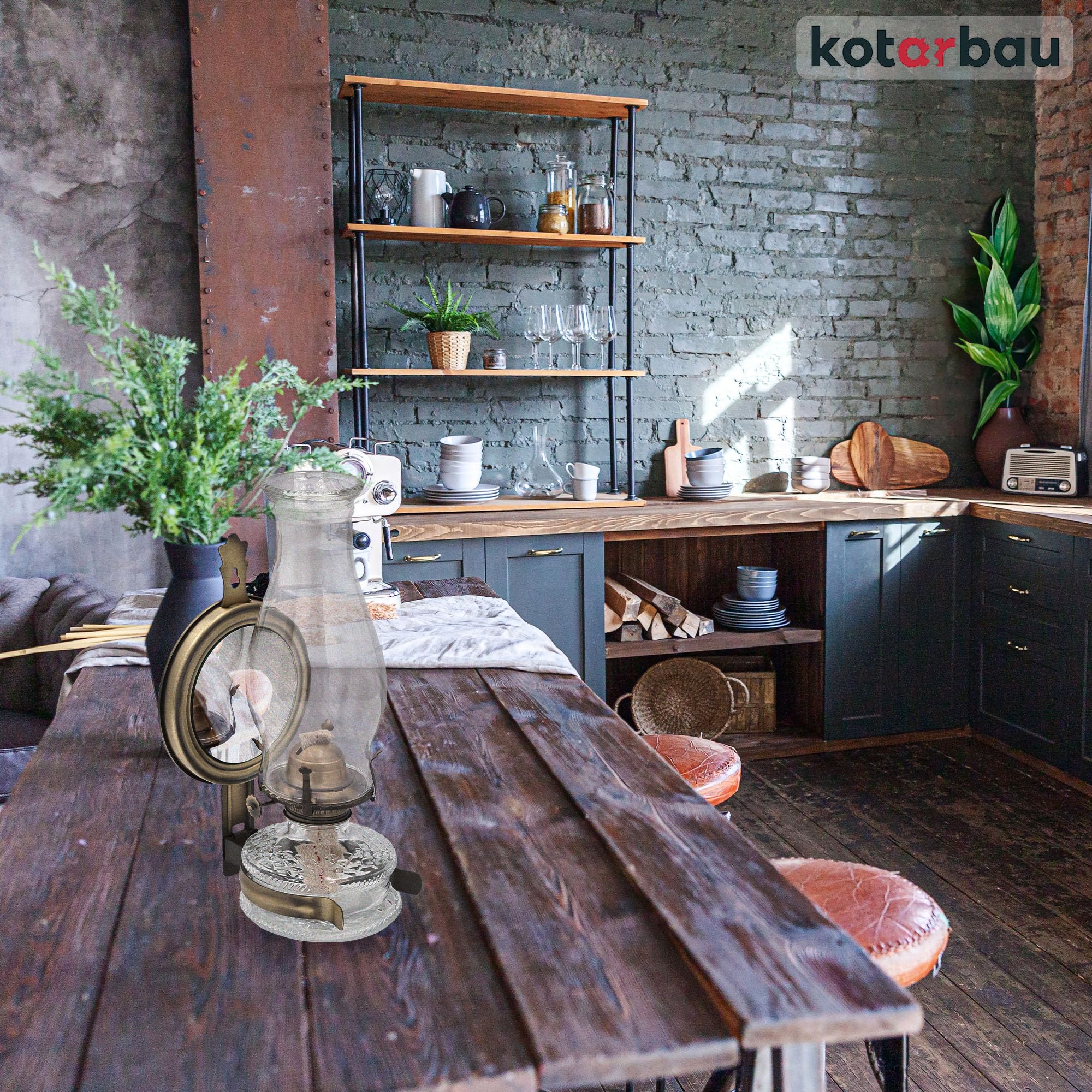 KOTARBAU® Lampada a Cherosene in Vetro Con Specchio Vecchio Ottone Massiccio - Lampada da Campeggio, a Benzina, a Olio - Lanterna Vintage per Balcone