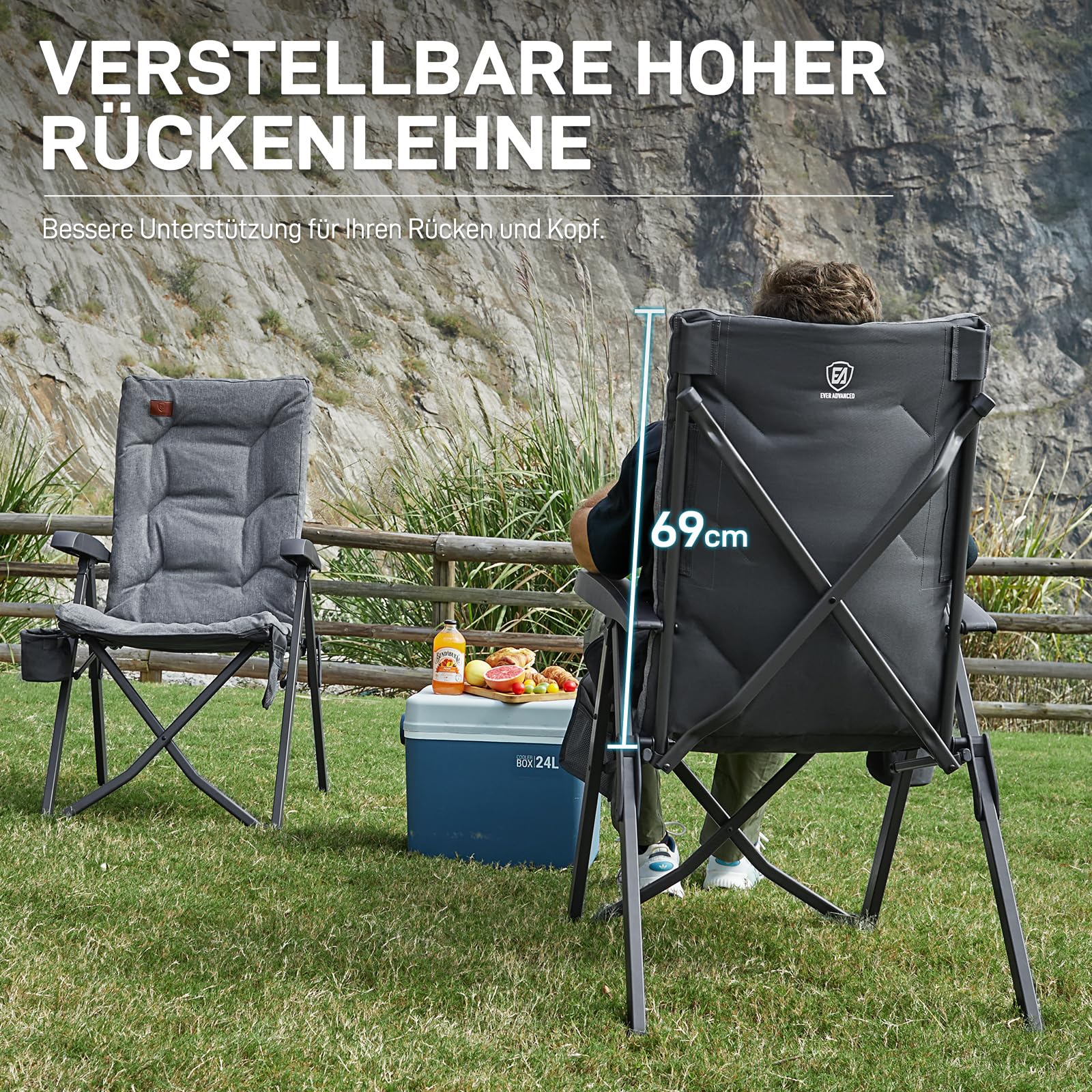 EVER ADVANCED Campingstuhl Faltbar Rückenverstellbar in 4 Positionen bis 150 KG Klappstuhl 6cm Dicke Gepolstert mit Seitentasche Getränkhalter Gartenstuhl Hohe Lehne Angelstuhl für Camp Garten Balkon