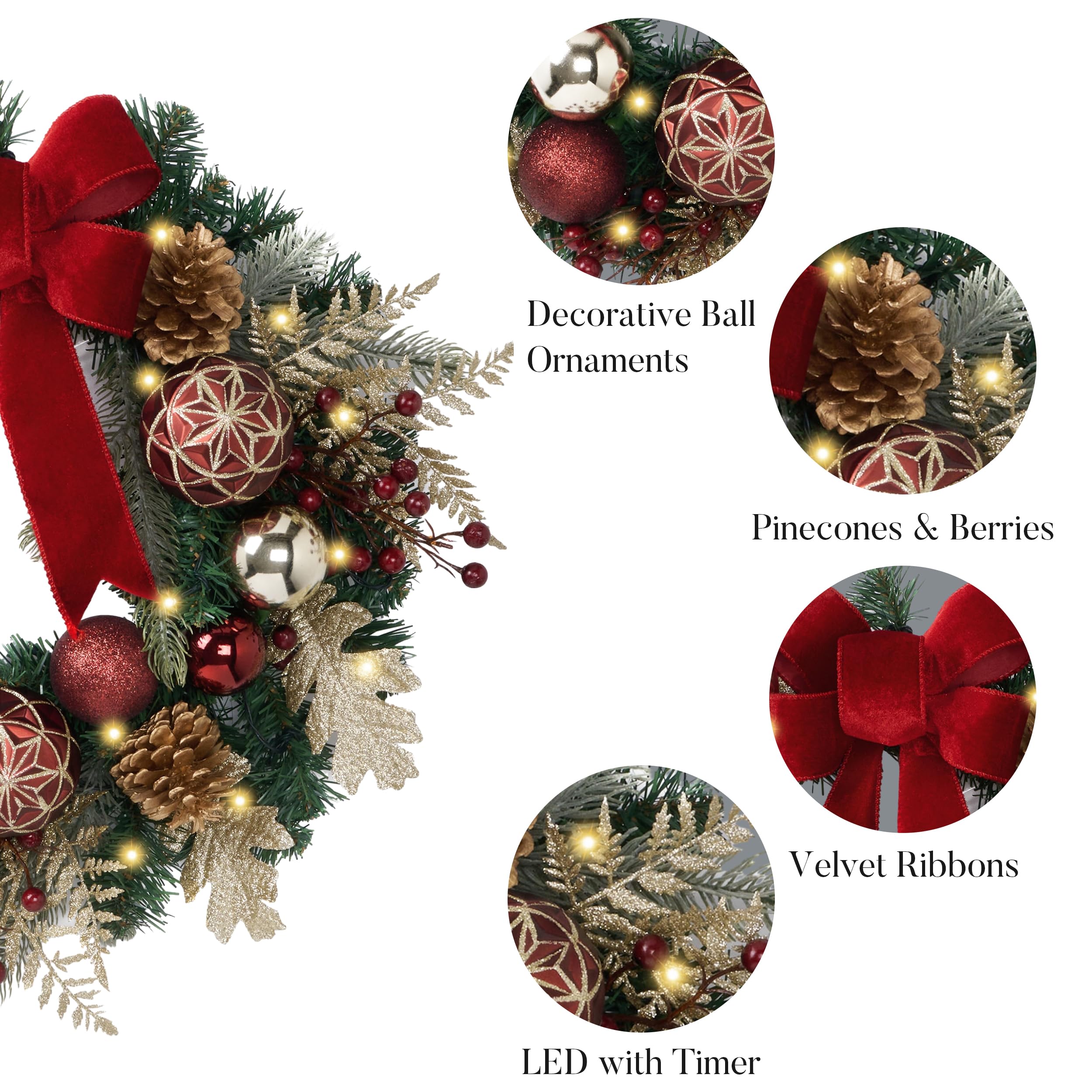 Valery Madelyn Couronne de Noël pré-éclairée pour Porte d'entrée avec lumière, 50,8 cm, Grande Couronne de Noël éclairée avec Boule de Noël Rouge et dorée pour cheminée, fenêtre, Table extérieure,