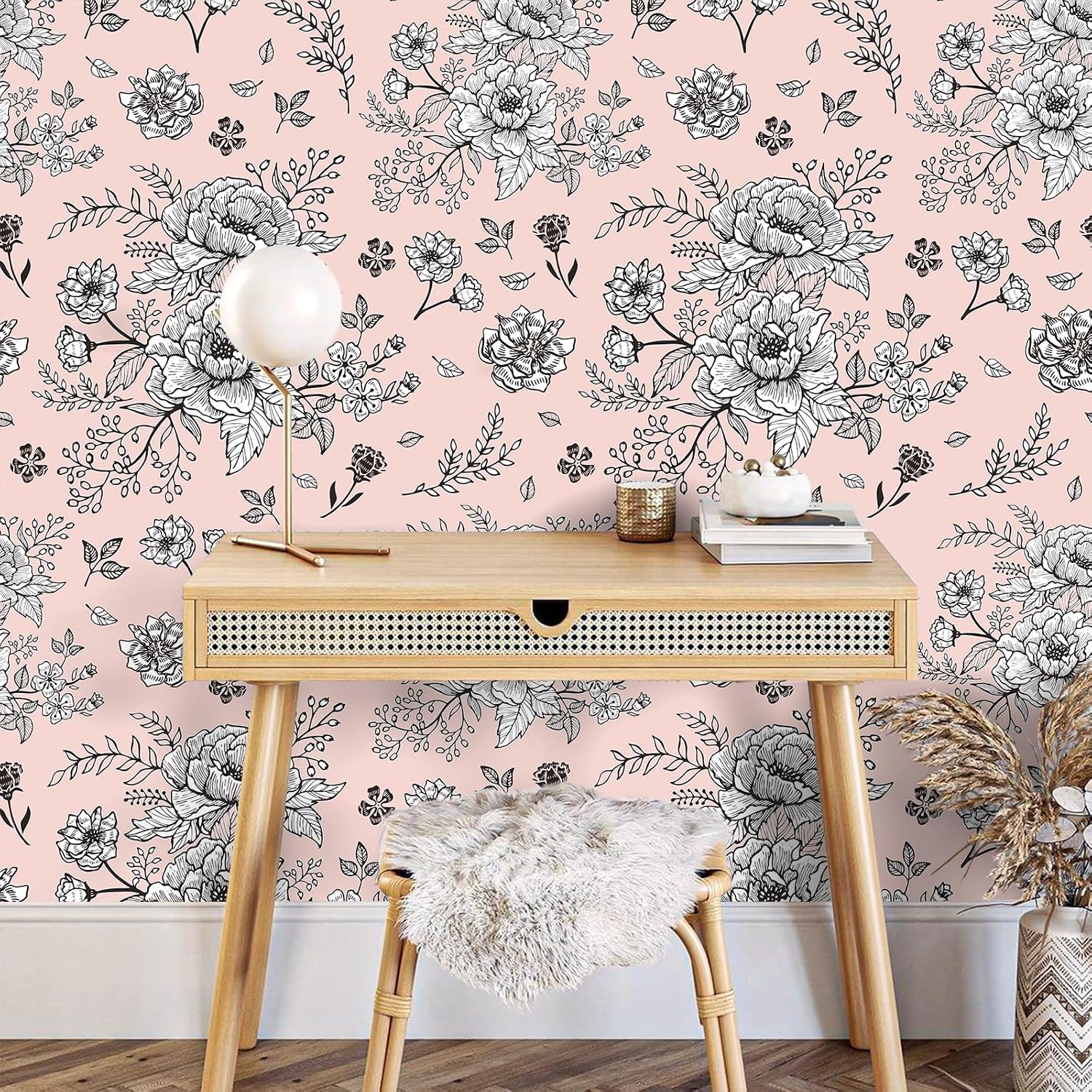 VEELIKE Pink Floral Wallpaper Stick and Peel Removable Floral Peel and Stick Wallpaper for Girls Bedroom Nursery 17.7''x118'' Self Adhesive Flower Wall Paper Pink Contact Paper for Walls Cabinets