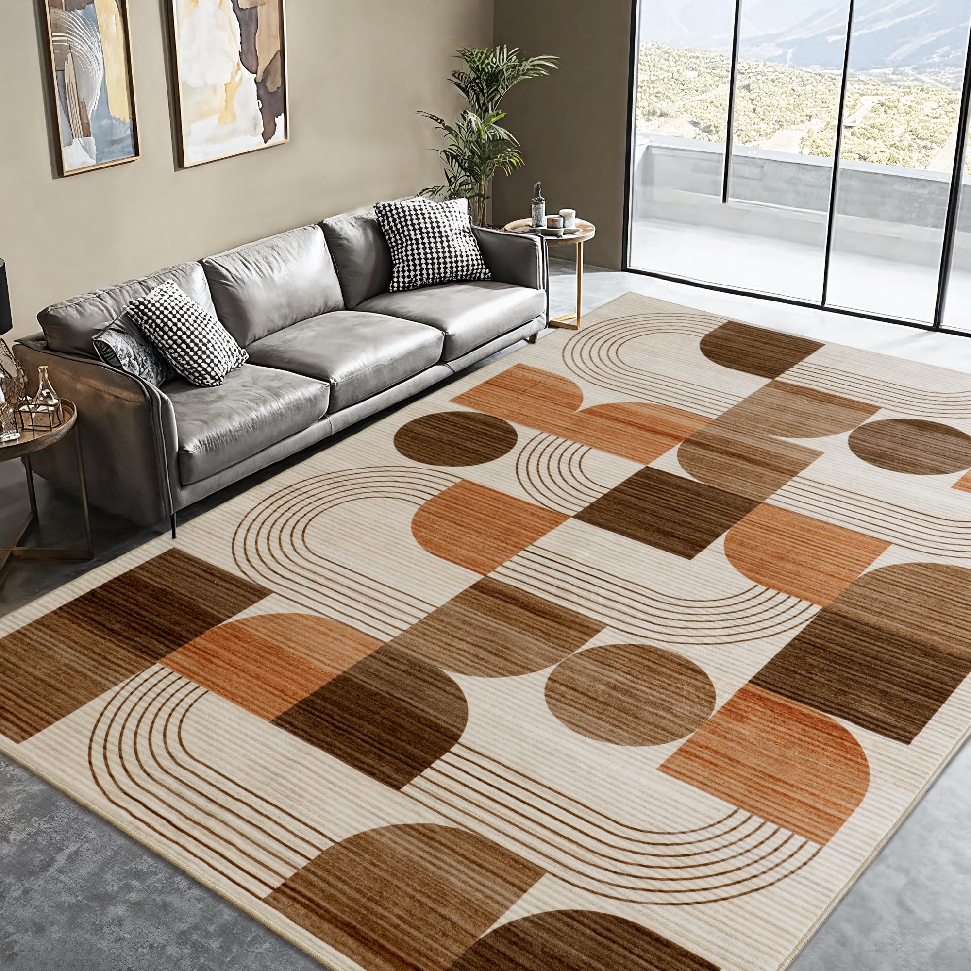 large machine washable 8x10 area rug, soft modern geometric abstract orange rugs for bedroom living room, non-shedding faux wool indoor throw floor carpet for office entryway dining room decor