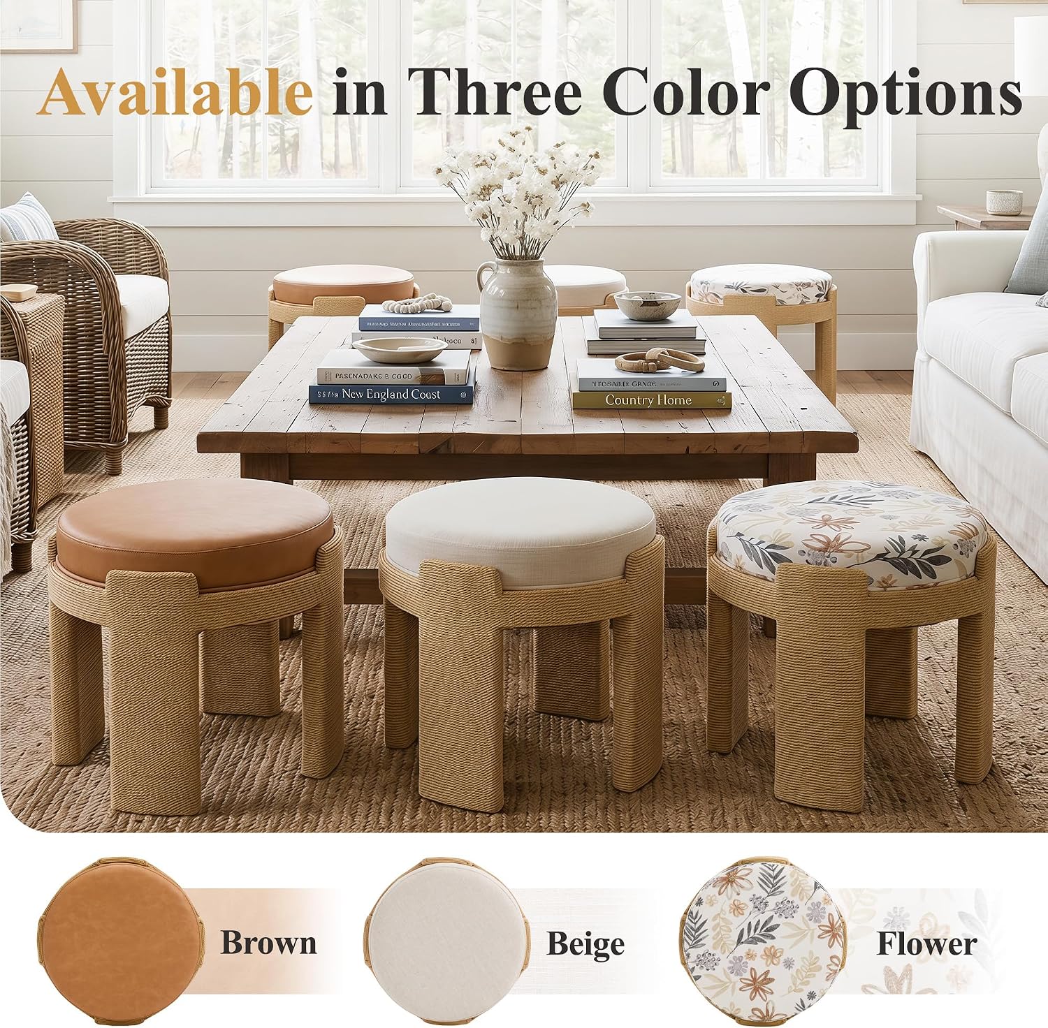 Round Vanity Stool, Boho Hand-Woven Rope Upholstered Accent Foot Stool Ottoman Fully Assembled for Bedroom Living Room Entryway, Beige Linen