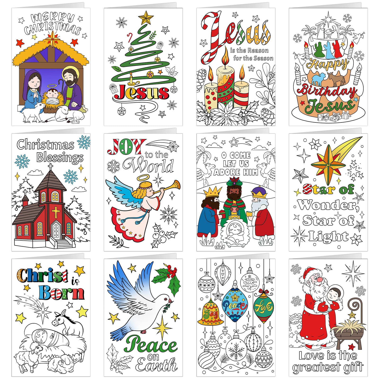 DPKOW Kids Colouring Religious Christmas Cards with Envelopes, 12 Colouring Cards Christmas Nativity Christian Card for Kids Crafting Gift Xmas Religious — image 1