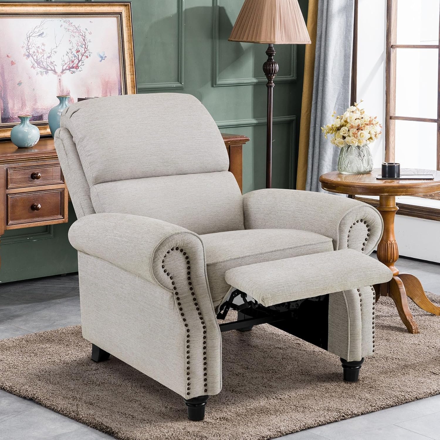 MCombo Pushback Recliner Chair, 3-Position Oversized Manual Recliner with Rolled Arms, Solid Wood Legs & Chenille Upholstery, Accent Reclining Chair for Living Room Office 4865 (Beige)